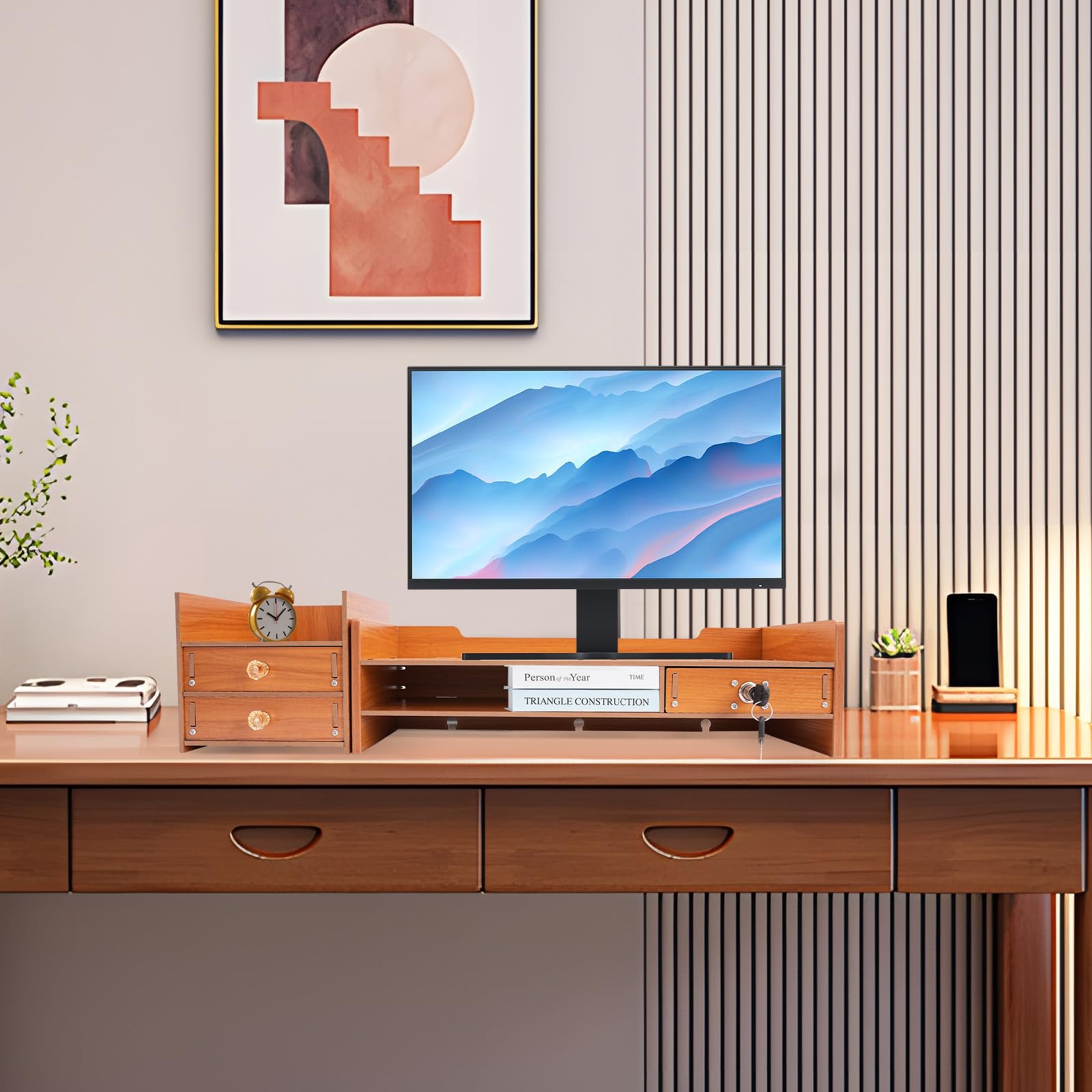 Adjustable Wood Monitor Stand Riser with Storage Drawer - Desktop Organizer for Computer, Laptop, Printer & Phone - Perfect for Home Office & Workspace Organization