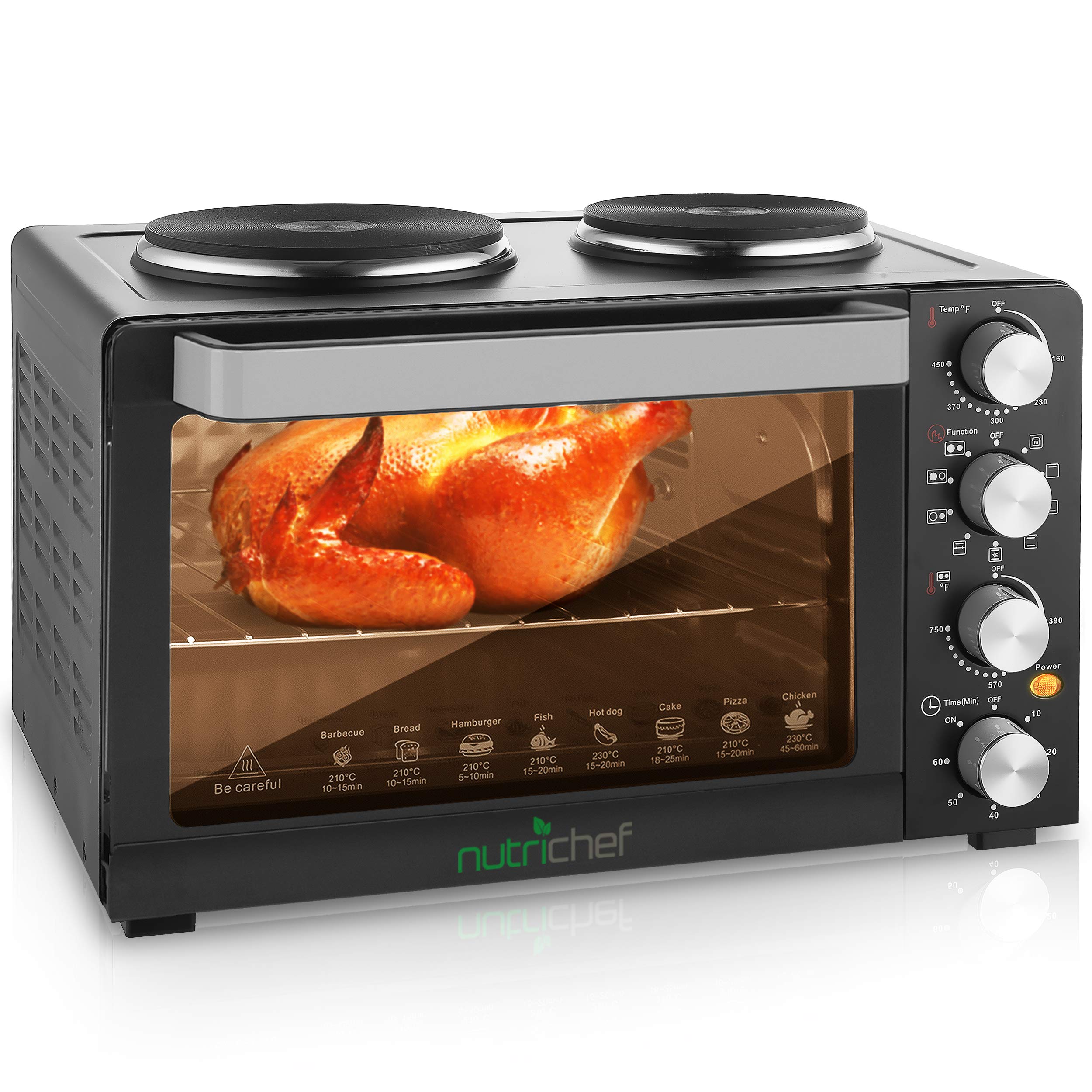 NutriChef PKRTO28 30-Quart Convection Oven - 1400W Countertop Turbo Roaster with Rotisserie, Grill, Griddle, Dual Hot Plates, Toaster, Baking Tray & Skewers - Perfect for Baking, Roasting, Grilling & Toasting in Small Kitchens