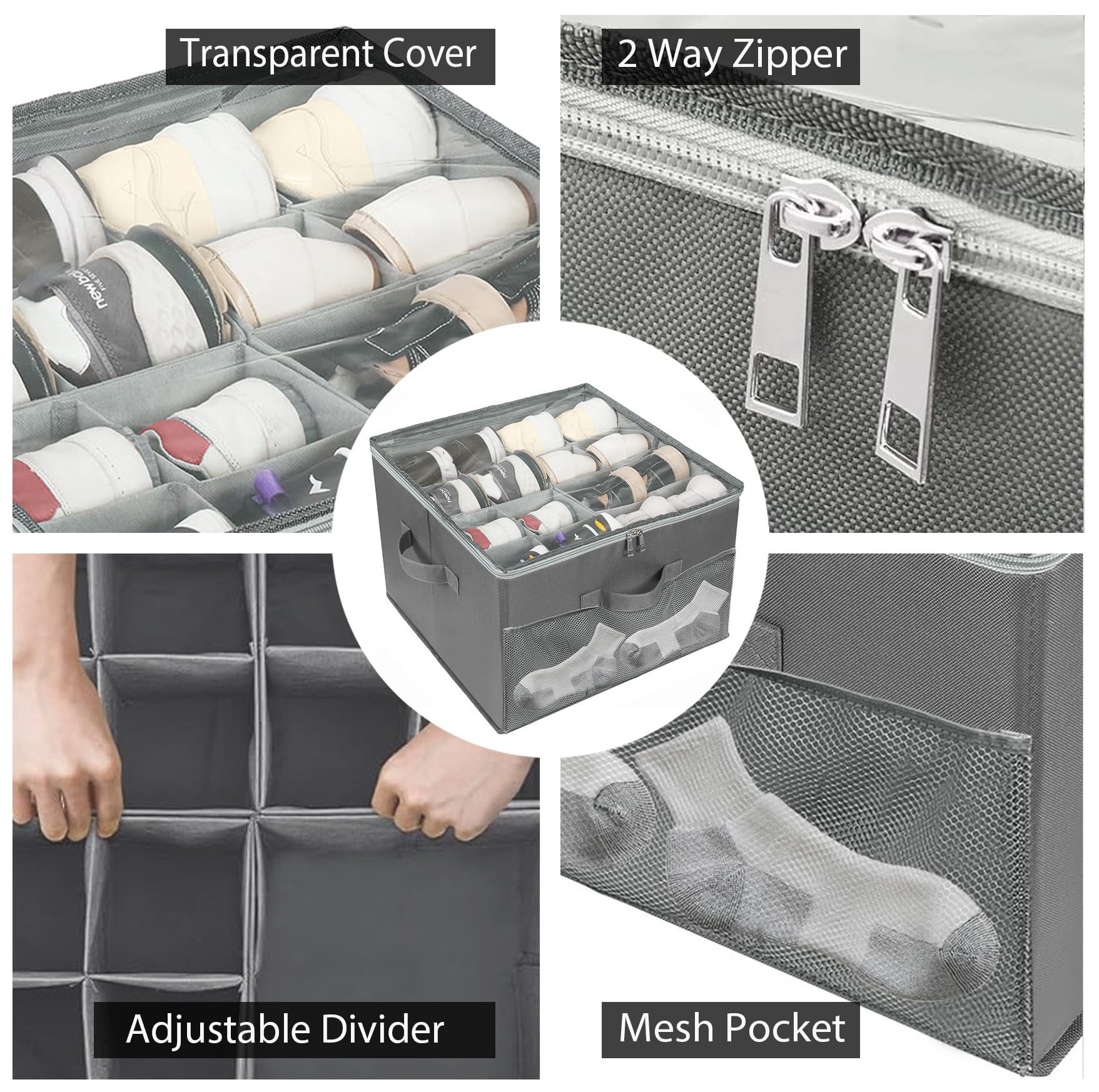 AARAINBOW 2-Pack Fabric Shoe Storage Box with Adjustable Dividers & Clear Cover - Foldable Closet Organizer Holds 32 Pairs (Gray) - Perfect for Bedroom, Closet & Entryway Organization