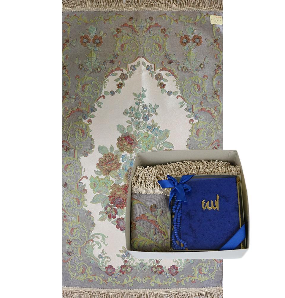 Premium Thin Embroidered Floral Prayer Mat with Gift Box - Blue | Islamic Prayer Rug for Home, Mosque & Travel | Luxurious Lavender Design for Daily Salah & Meditation
