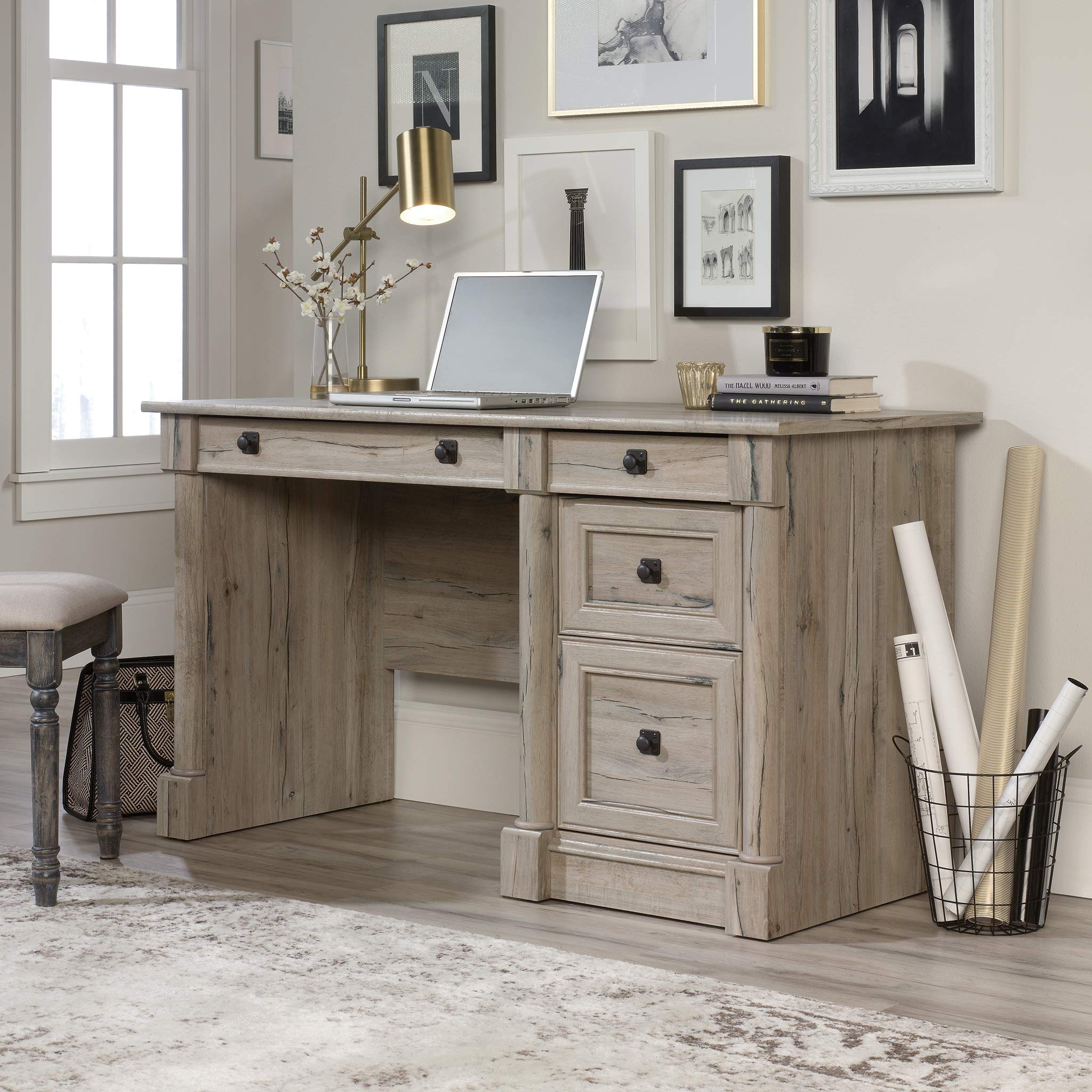 Sauder Palladia Computer Desk with Drawers & File Cabinet - Home Office Desk with Cable Management, Keyboard Tray, Split Oak Finish - Perfect for Small Spaces & Remote Work