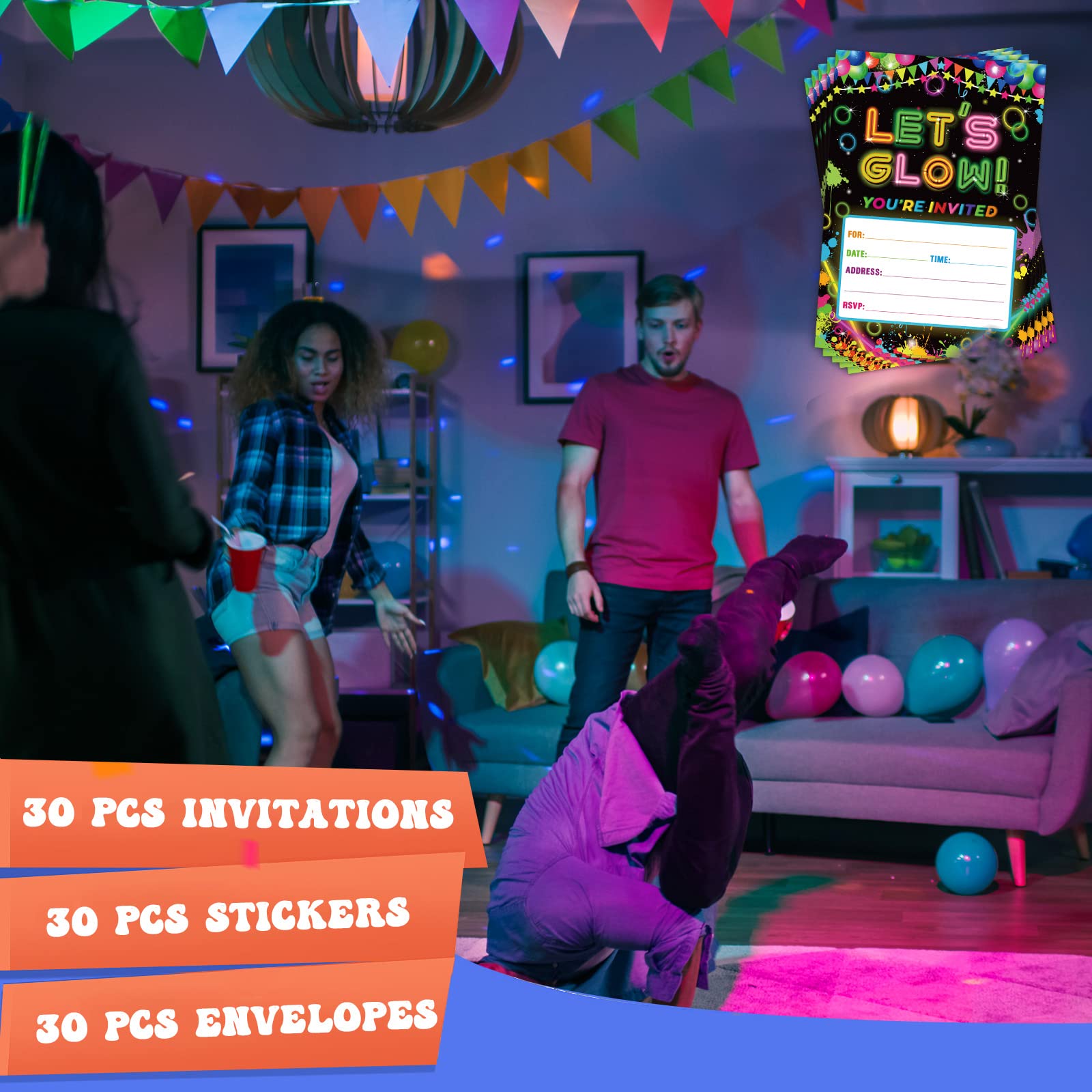 30 Pack Glow in the Dark Birthday Party Invitations - Neon Party Favors with 30 Envelopes & Stickers - Perfect for Kids Birthday, Glow Parties & Nighttime Celebrations