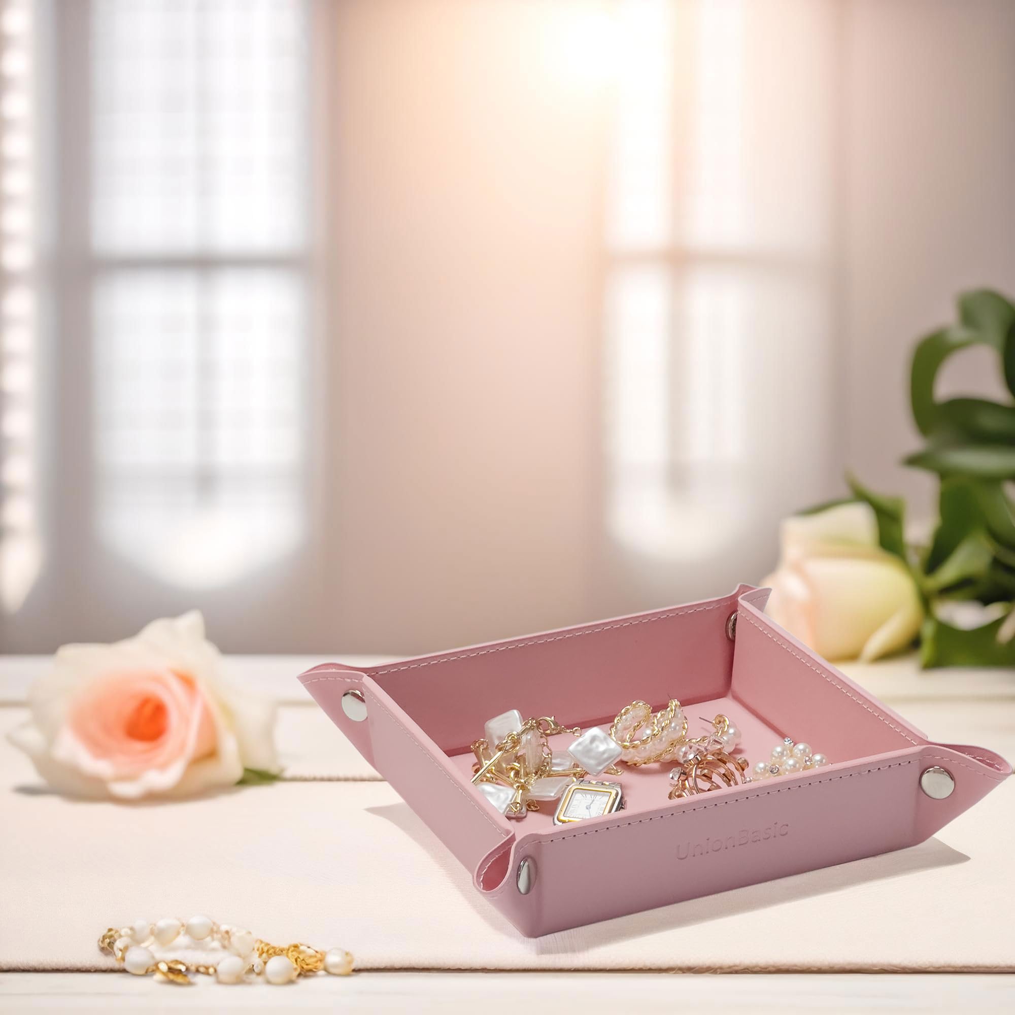 UnionBasic Small Valet Tray - Jewelry Organizer for Rings, Watches & Earrings | Entryway Catchall for Keys, Coins & Change | Nightstand Bedside Valet Holder | Electronic Gadgets & Candy Storage | Perfect for Home, Office & Travel Use - Candy Pink
