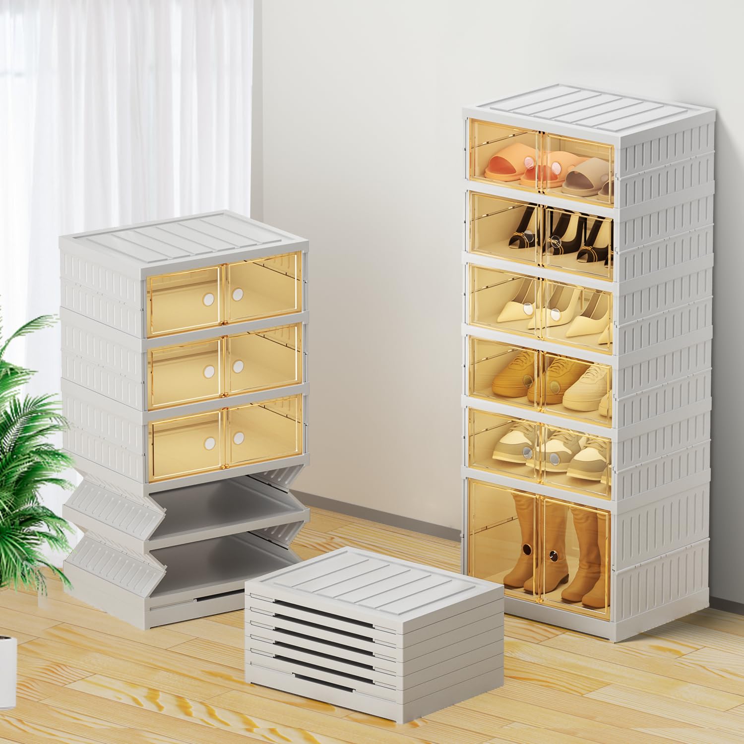 6-Tier Foldable Shoe Rack Organizer for Closet - Space Saving Plastic Shoe Storage Cabinet with Magnetic Door Holds 6-12 Pairs | Easy Assembly Shoe Shelf for Bedroom, Entryway & Dorm Organization | Sturdy Storage Bins with Lids for Sneakers, Boots & Sandals