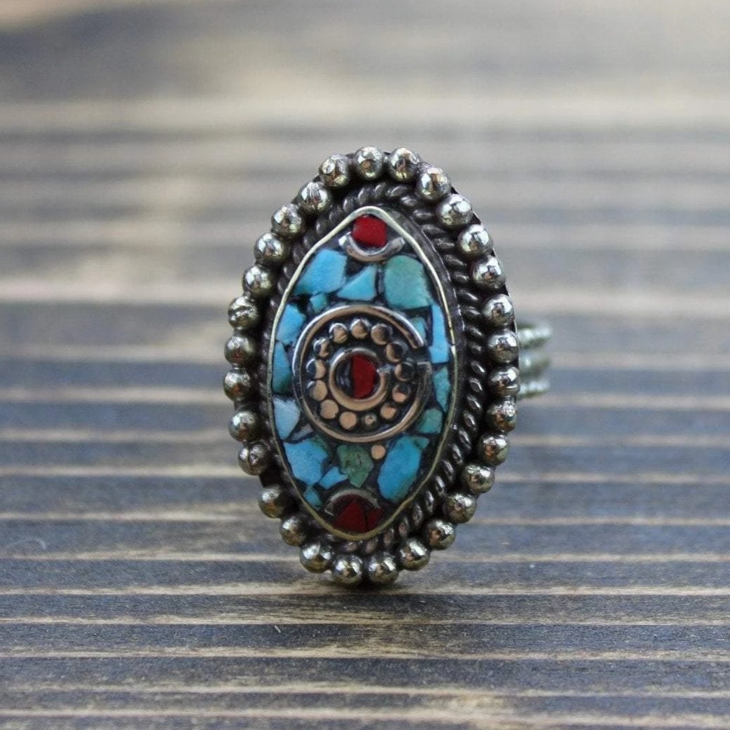 Adjustable Tibetan Coral and Turquoise Ring for Women - Handmade Boho Jewelry, Spiritual Healing Stone Ring, Unique Gift for Yoga & Meditation Lovers