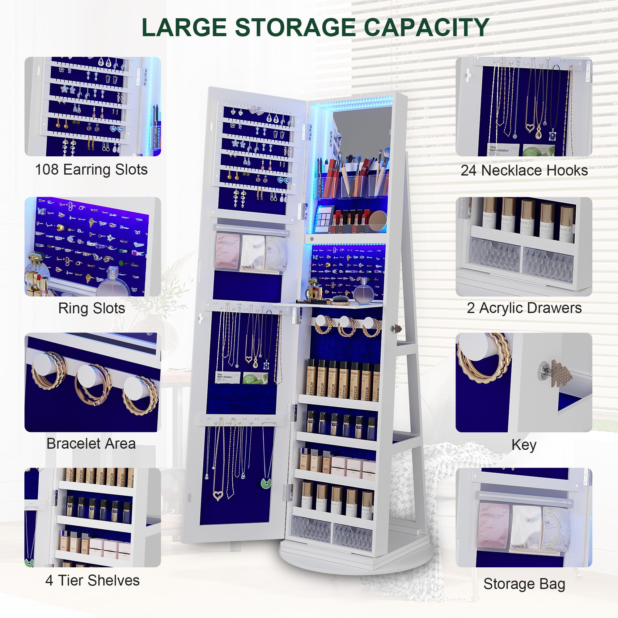 HNEBC 360° Swivel Jewelry Cabinet with LED Lights - Standing Jewelry Armoire Organizer with Rotating Mirror & Full-Length Mirror - White Jewelry Storage for Bedroom, Closet & Dressing Room