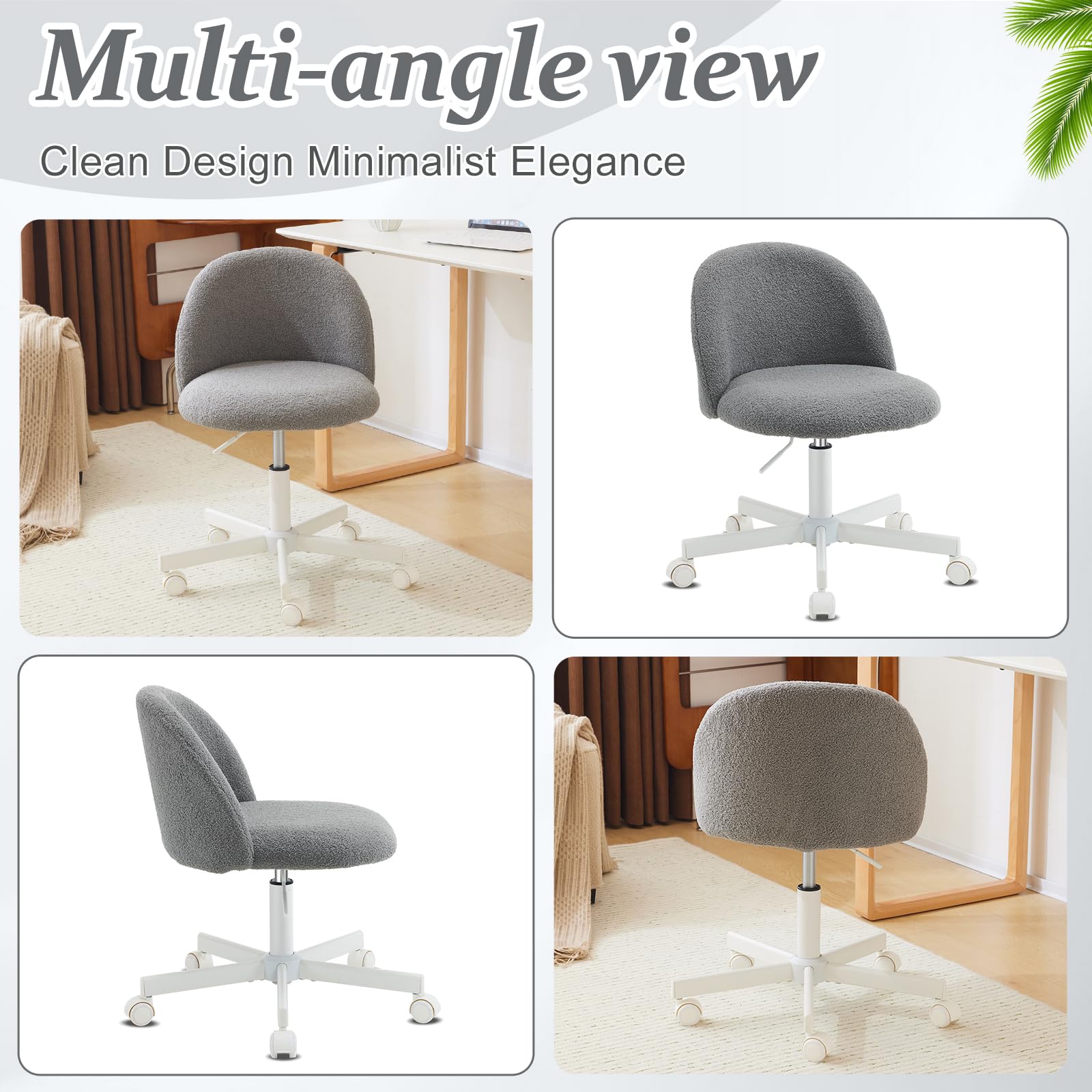 VINGLI Armless Cute Teddy Bear Desk Chair with Wheels - Adjustable Swivel Office Chair with Lumbar Support, Comfortable Small Computer Task Chair for Home Office, Bedroom & Vanity (Muted Grey) - Perfect for Work, Study & Gaming Sessions