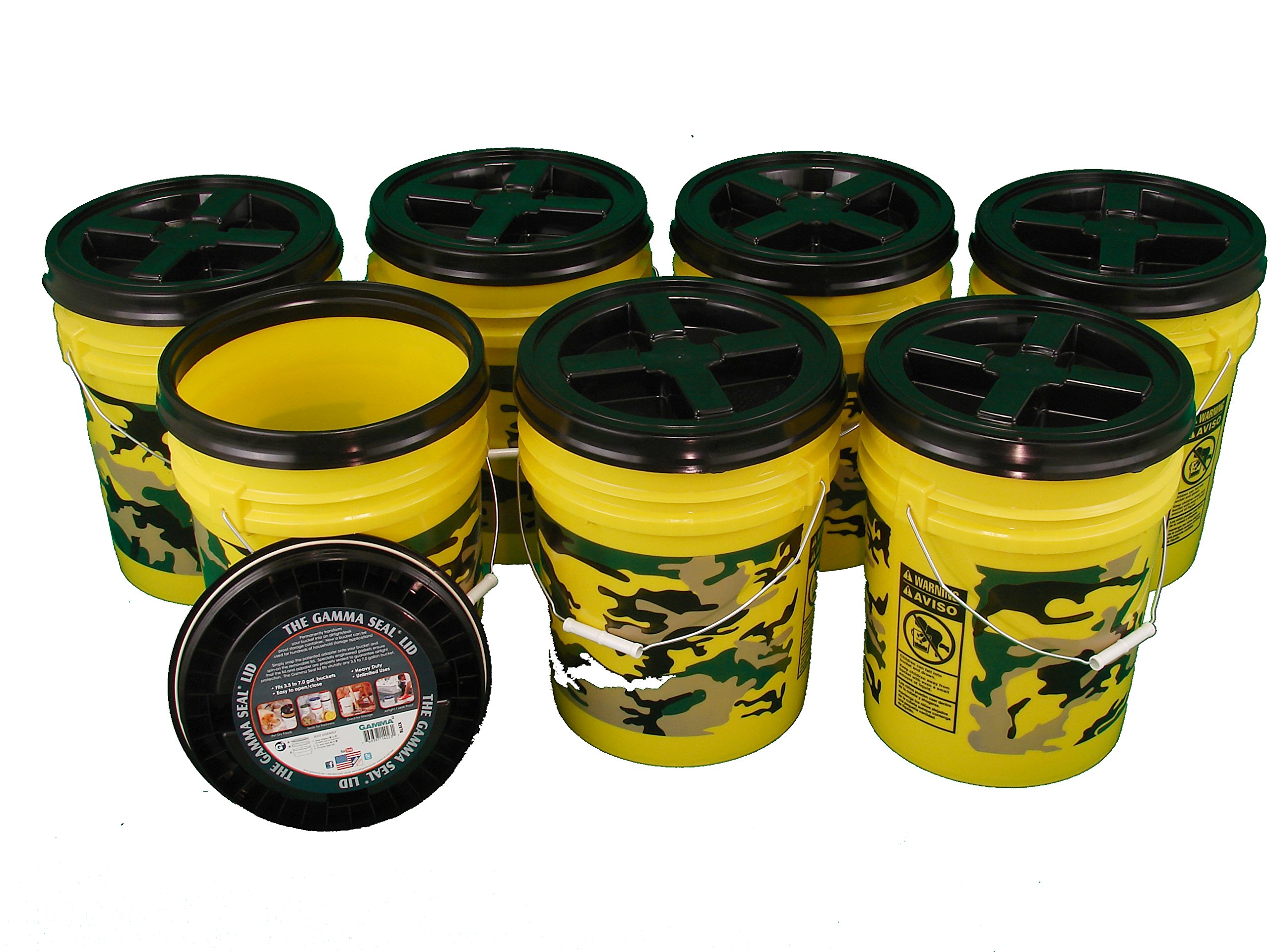 5 Gallon Bucket Kit - 7 Pack 90 Mil Yellow Buckets with Camo Print & Black Gamma Seal Lids for Storage, Construction, and Outdoor Activities