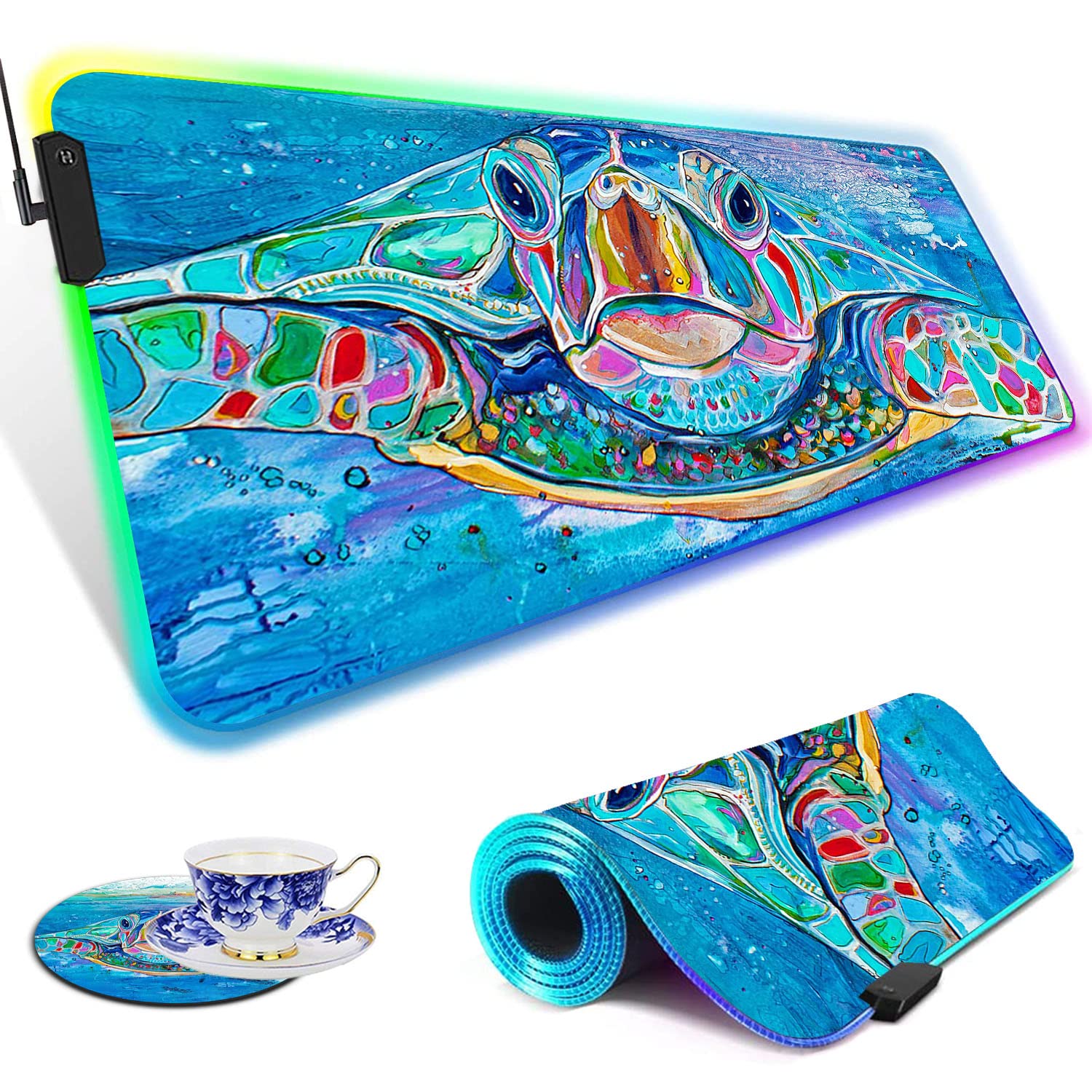 RGB Gaming Mouse Pad with LED Lights - Large Non-Slip Desk Mat for Keyboard & Mouse | Waterproof Optical Surface for PC Gaming | Perfect for Gamers & Office Work (Sea Turtle Design)