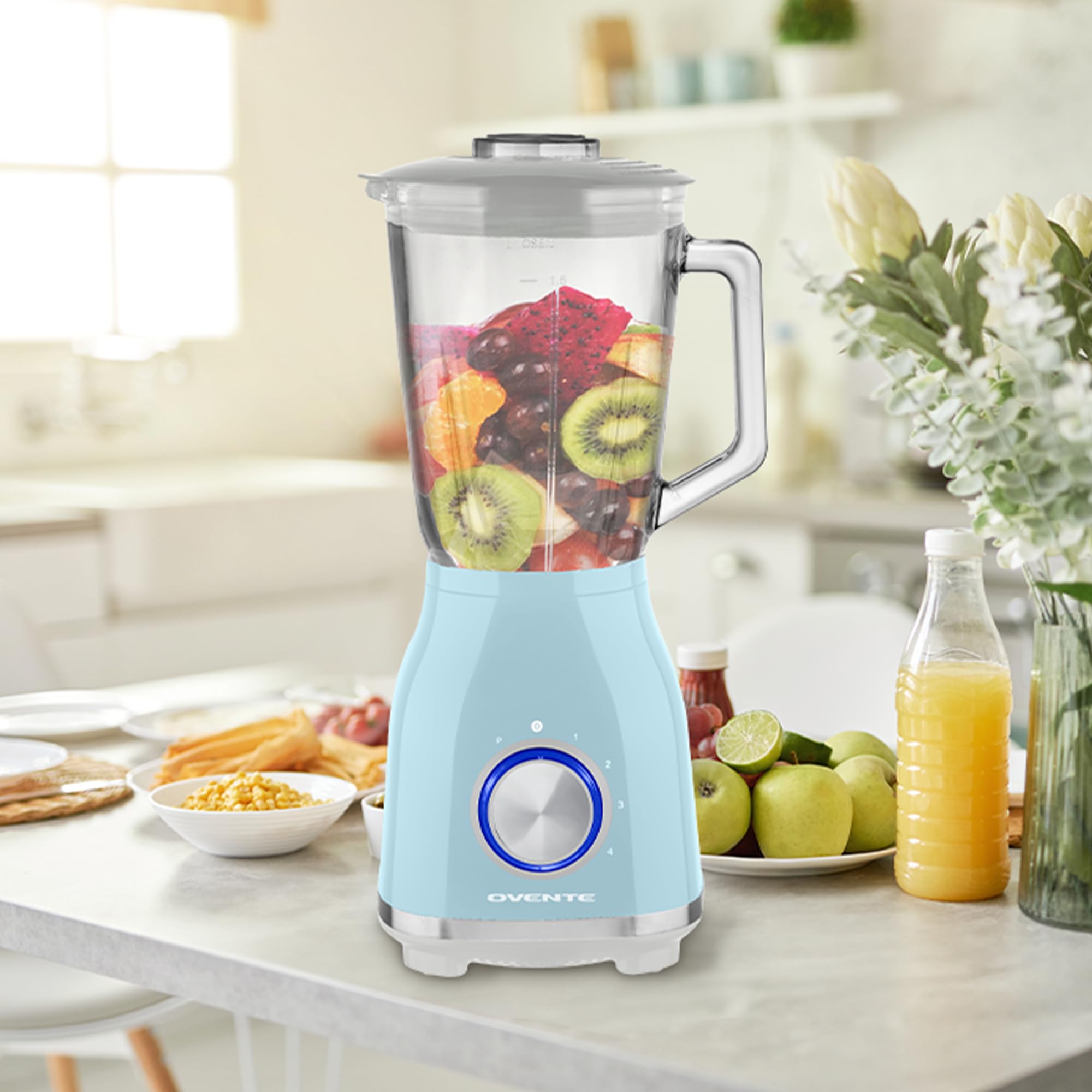 OVENTE 550W Countertop Blender for Shakes, Smoothies & Frozen Drinks - 50oz Glass Jar, 4-Speed Settings, Stainless Steel 6 Blades - Perfect for Fruit Puree, Protein Shakes & Healthy Smoothies at Home or Gym