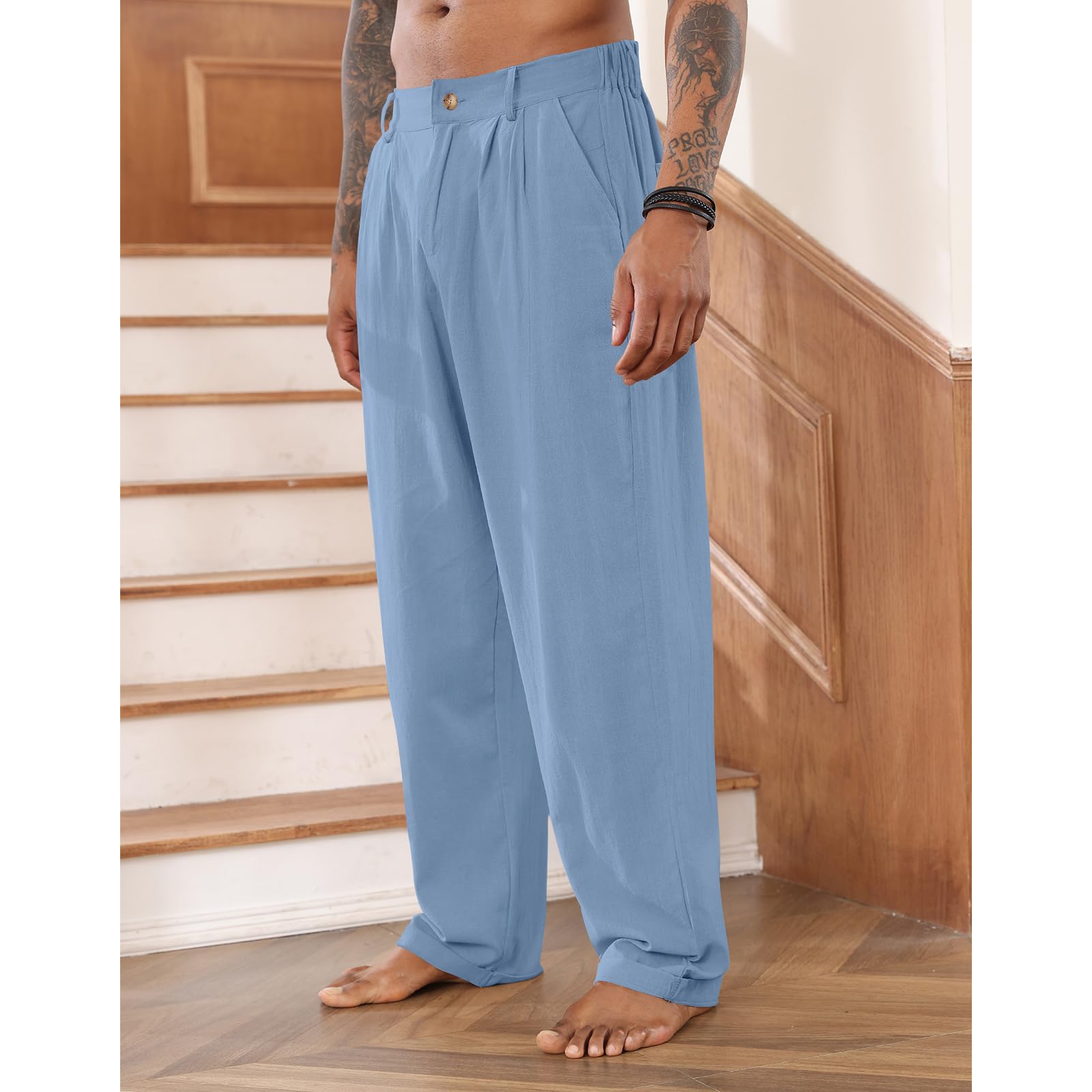 Men's Cotton Linen Pants with Elastic Drawstring Waist - Casual Loose Fit Yoga Beach Pants for Summer, Travel & Lounge Wear