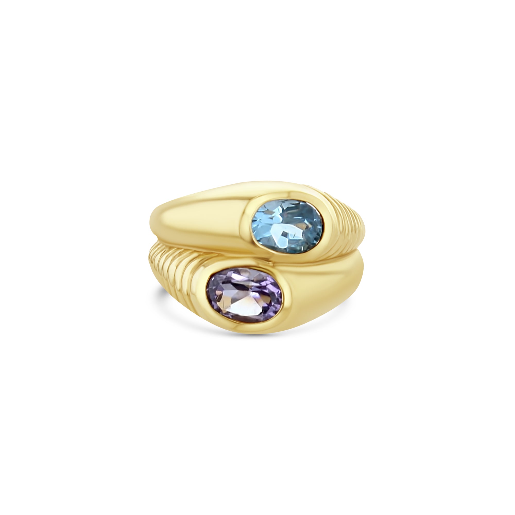 14K Yellow Gold Amethyst & Blue Topaz Bypass Ring - Elegant Stackable Jewelry for Women, Perfect for Weddings, Anniversaries & Everyday Wear