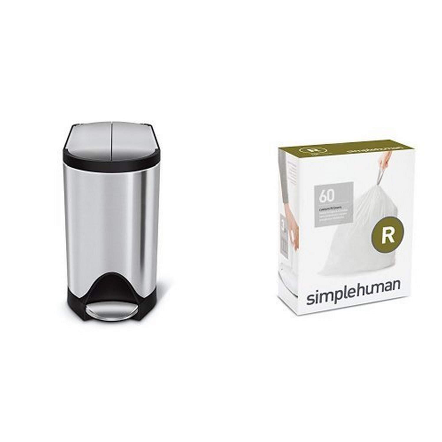 simplehuman 10-Liter Butterfly Step Trash Can - Fingerprint-Proof Brushed Stainless Steel with Code R & 60 Pack Liners - Perfect for Kitchen, Office, and Bathroom Waste Disposal