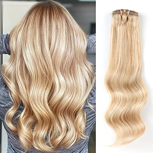 ABH AMAZINGBEAUTY Clip-In Human Hair Extensions - 7pc Double Weft Remy Hair Set with 17 Clips (14 Inch, 125g, 20/60 Ash Blonde) | Silky Straight Soft Highlight Hair for Full Head | Perfect for Parties, Weddings & Daily Styling
