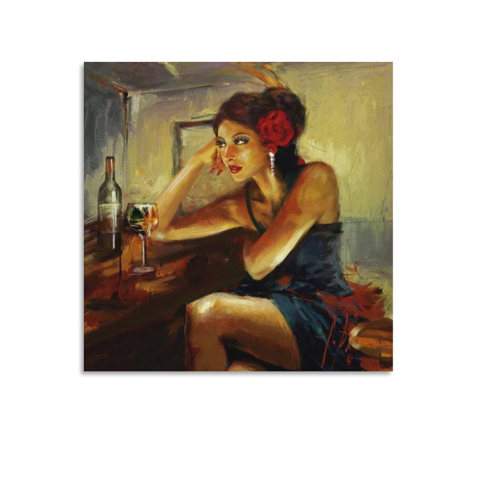 Rucatto Lonely Woman Bar Painting - Vintage Canvas Wall Art Poster for Living Room & Bedroom Decor - 28x28inch (70x70cm) - Perfect for Home, Office, Cafe and Bar Interior Design