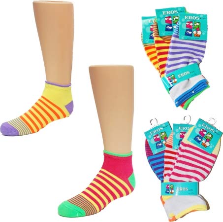 Girl's Low Cut Socks - Striped Print Ankle Socks for Kids - Size 4-6 (Case of 24 Pairs) - Perfect for School, Sports & Everyday Wear