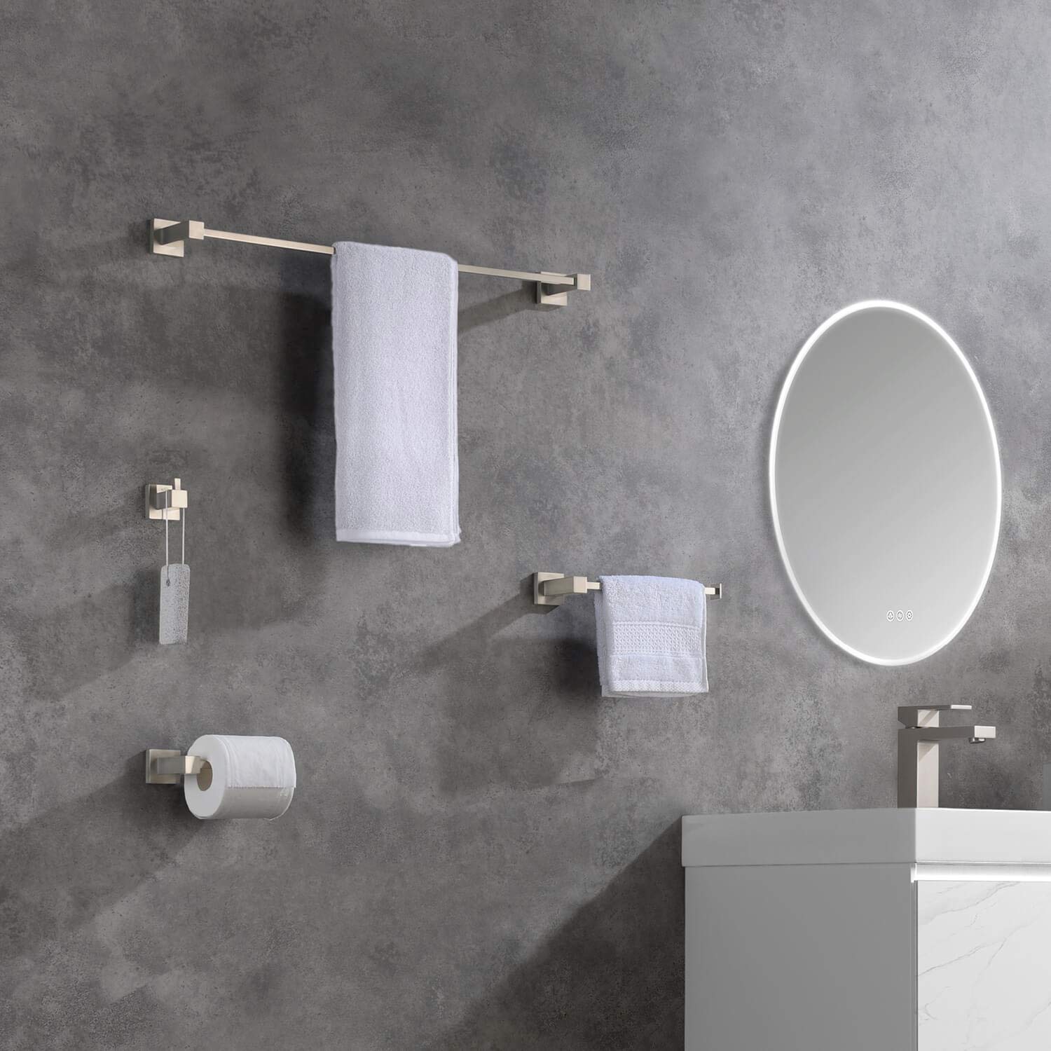 KIBI 4-Piece Bathroom Hardware Set - Solid Brass Towel Bar, Towel Ring, Toilet Paper Holder & Robe Hooks - Brushed Nickel Finish (C-KBA15-4) | Modern Bathroom Accessories for Home & Hotel Decor | Perfect for Powder Rooms, Master Baths & Spa-Style Retreats