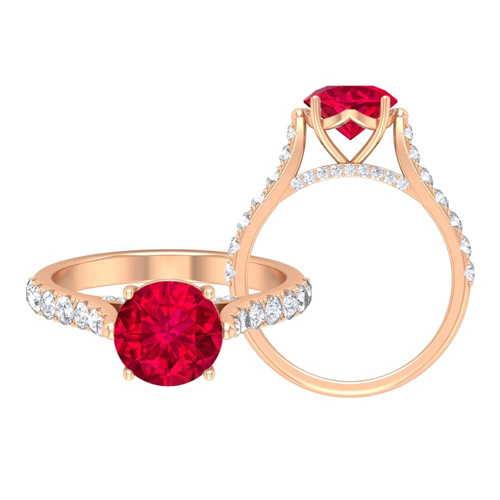 8mm Round Cut Lab Created Ruby Ring with Moissanite Side Stones - 14K Solid Gold Engagement Ring for Women, Perfect for Valentine's Day, Anniversary & Special Occasions