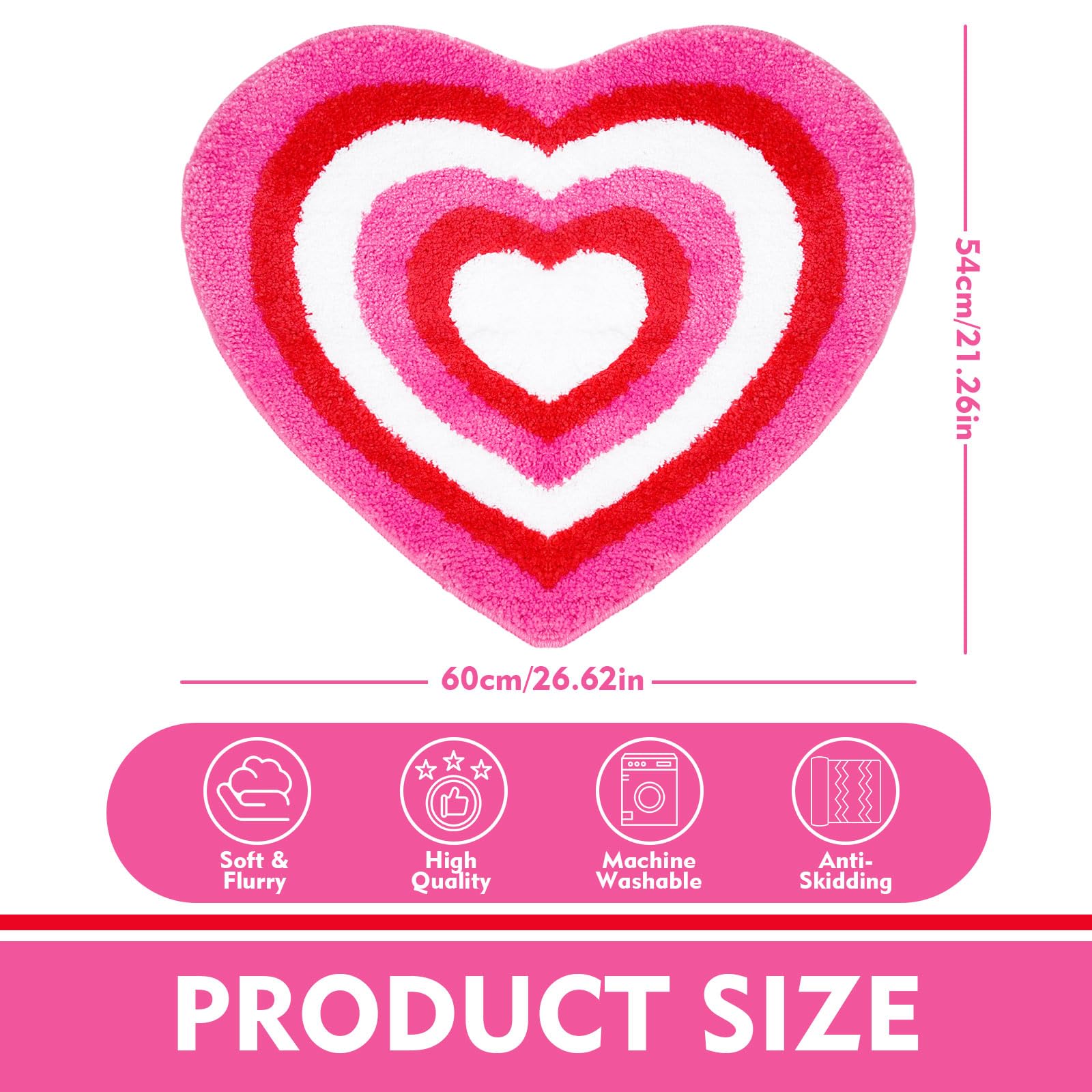 Valentine's Day Heart Shaped Bath Rug - Non-Slip Tufted Shower Mat for Bathroom, Front Door, Kitchen, Bedroom & Living Room Decor - Soft Red Pink Carpet Floor Mat for Romantic Home Decor & Gift Ideas