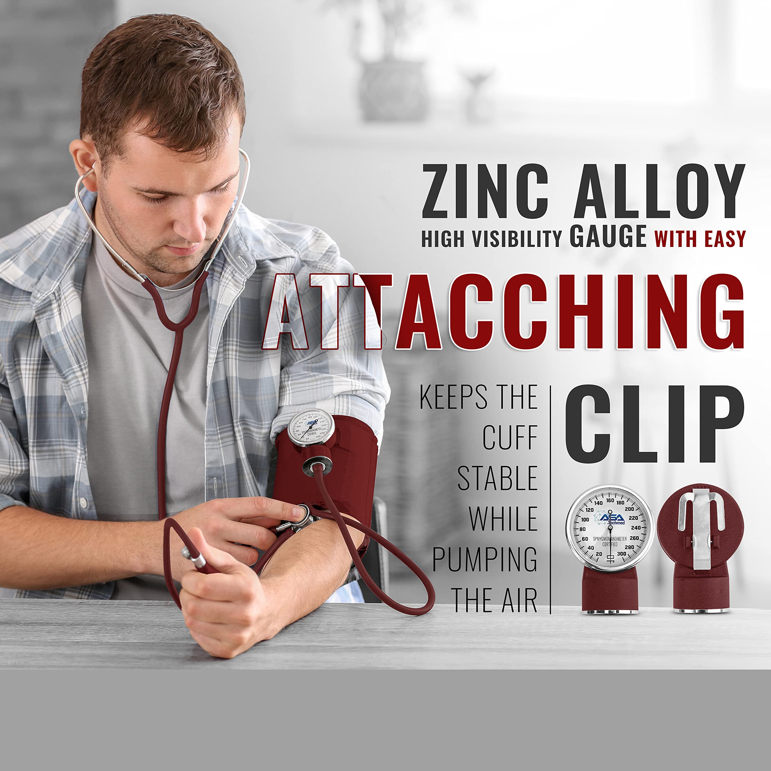 ASA TECHMED Manual Blood Pressure Monitor - Aneroid Sphygmomanometer with Universal Cuff for Home & Clinical Use - Accurate Arm Blood Pressure Measurement Device for Nurses & Adults (Maroon) - Perfect for Health Monitoring, Doctor's Office & Home Care