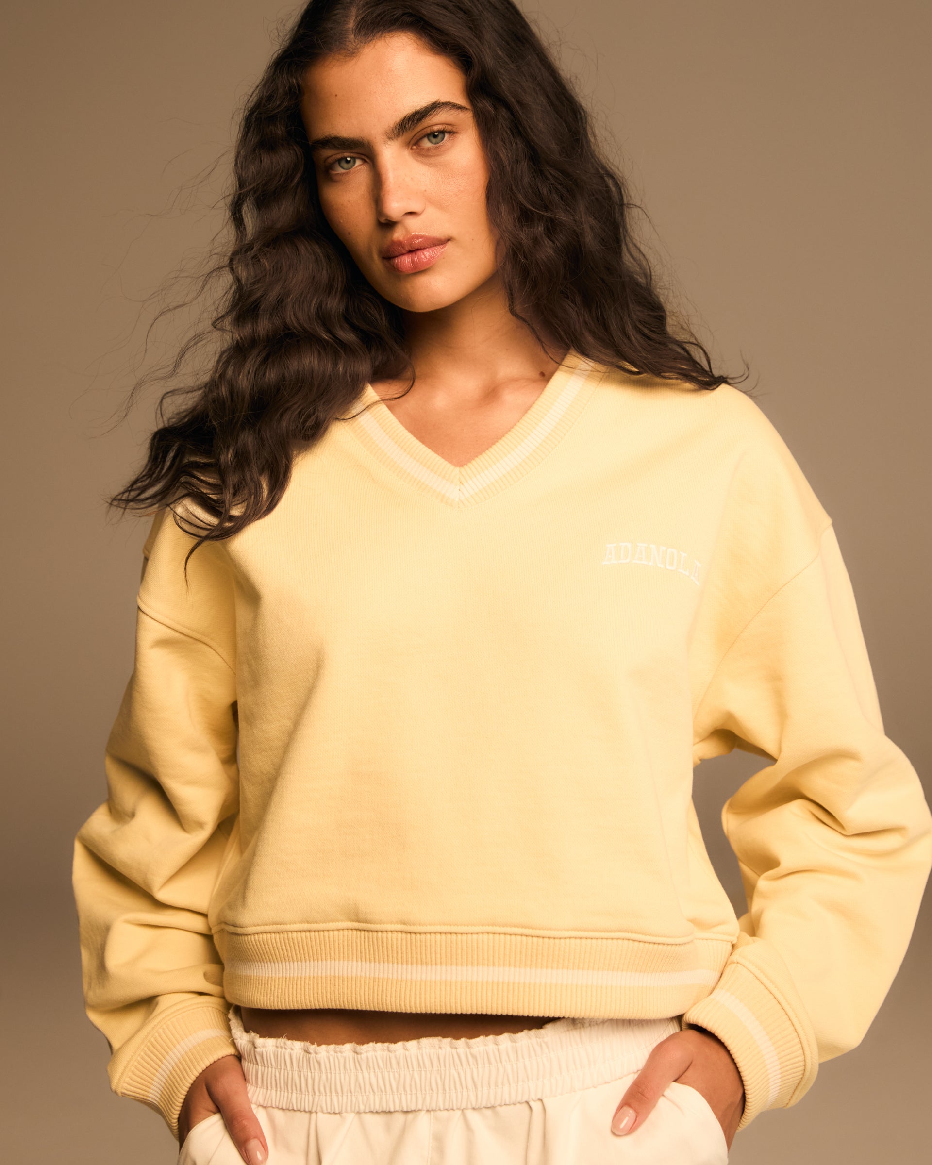 Stylish V Neck Contrast Sweatshirt in Butter Yellow & Marshmallow White | Casual Comfort Wear for Women | Perfect for Lounge, Outings & Layering