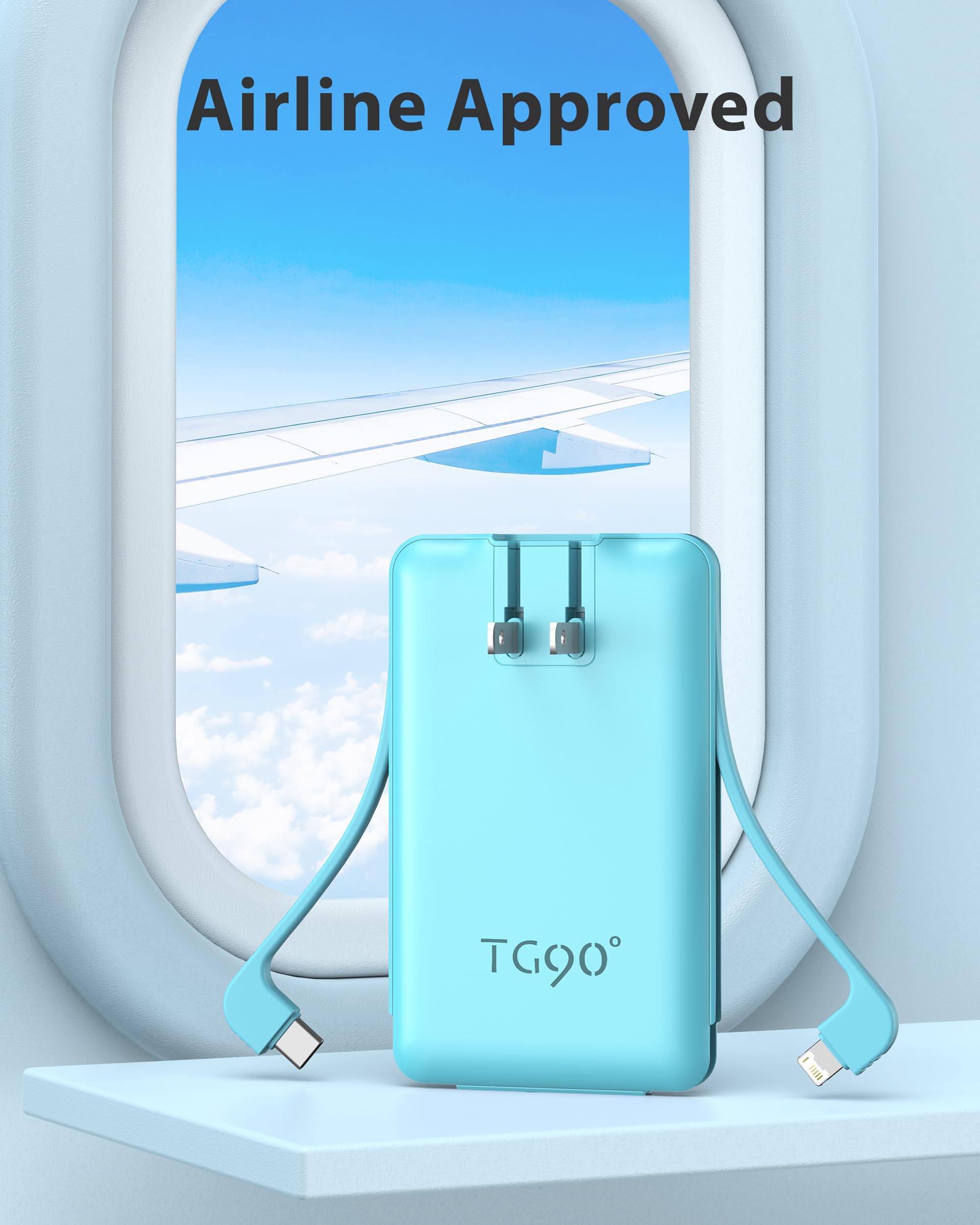 TG90° 5000mAh Ultra-Compact Portable Charger with Built-in Foldable AC Plug & Cables | USB-C Power Bank for iPhone 16/15/14/13/12, Samsung S22/S21, Google Pixel, iPad | Perfect for Travel, Camping & Emergency Charging