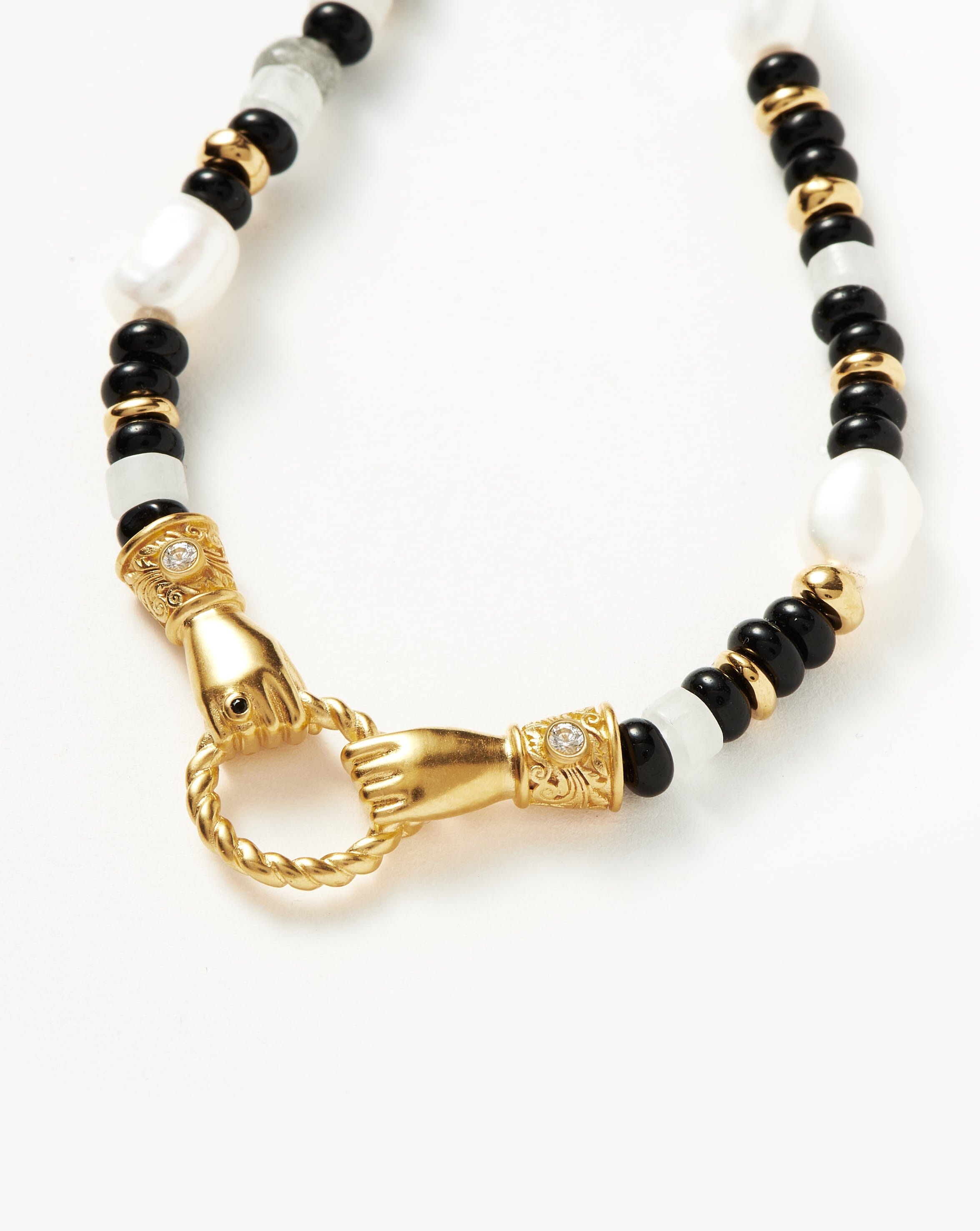 Harris Reed In Good Hands Beaded Gemstone Necklace - 18k Gold Plated Black Chalcedony & Pearl Jewelry for Women | Elegant Layering Necklace for Date Night, Wedding & Special Occasions