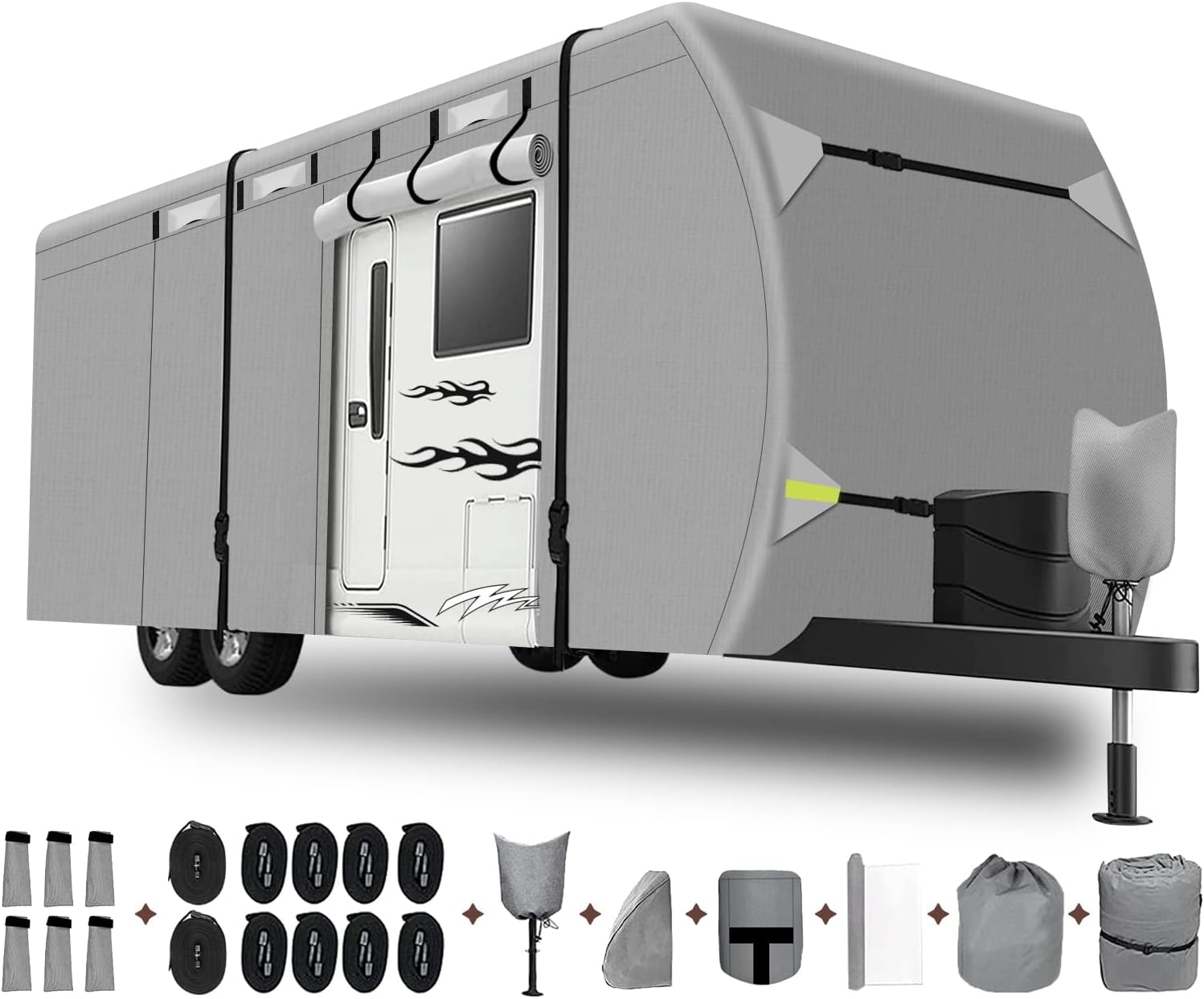 **Upgraded 300D Oxford RV Cover for Travel Trailers 35'-38' – Waterproof, Windproof, UV-Resistant Camper Cover with Tongue Jack Cover & Repair Patch – Perfect for Motorhome, Fifth Wheel, and Travel Trailer Protection**    *(Use Case: Ideal for long-term outdoor storage, winter protection, and shielding RVs from harsh weather conditions like rain, snow, and sun damage.)*