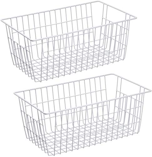 Slideep Freezer Baskets - 2 Pack Farmhouse Style Storage Bins with Handles for Kitchen, Pantry & Closet Organization | Perfect for Food Storage, Bedroom, Bathroom & Office | White Home Organization Solution