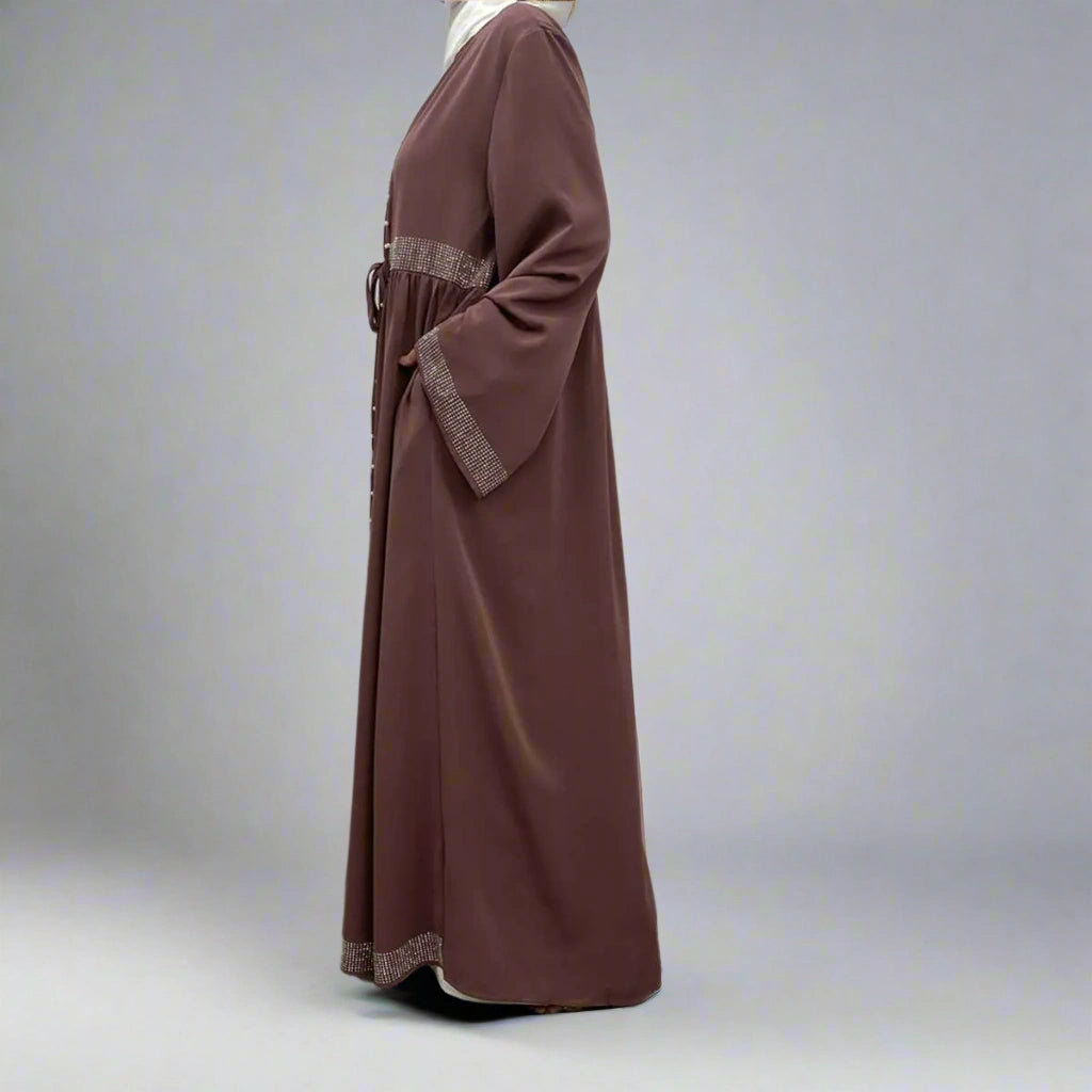 Hotfix Rhinestone Beaded Muslim Women's Cardigan Open Abaya Dress - Elegant Islamic Prayer Wear for Special Occasions & Daily Use