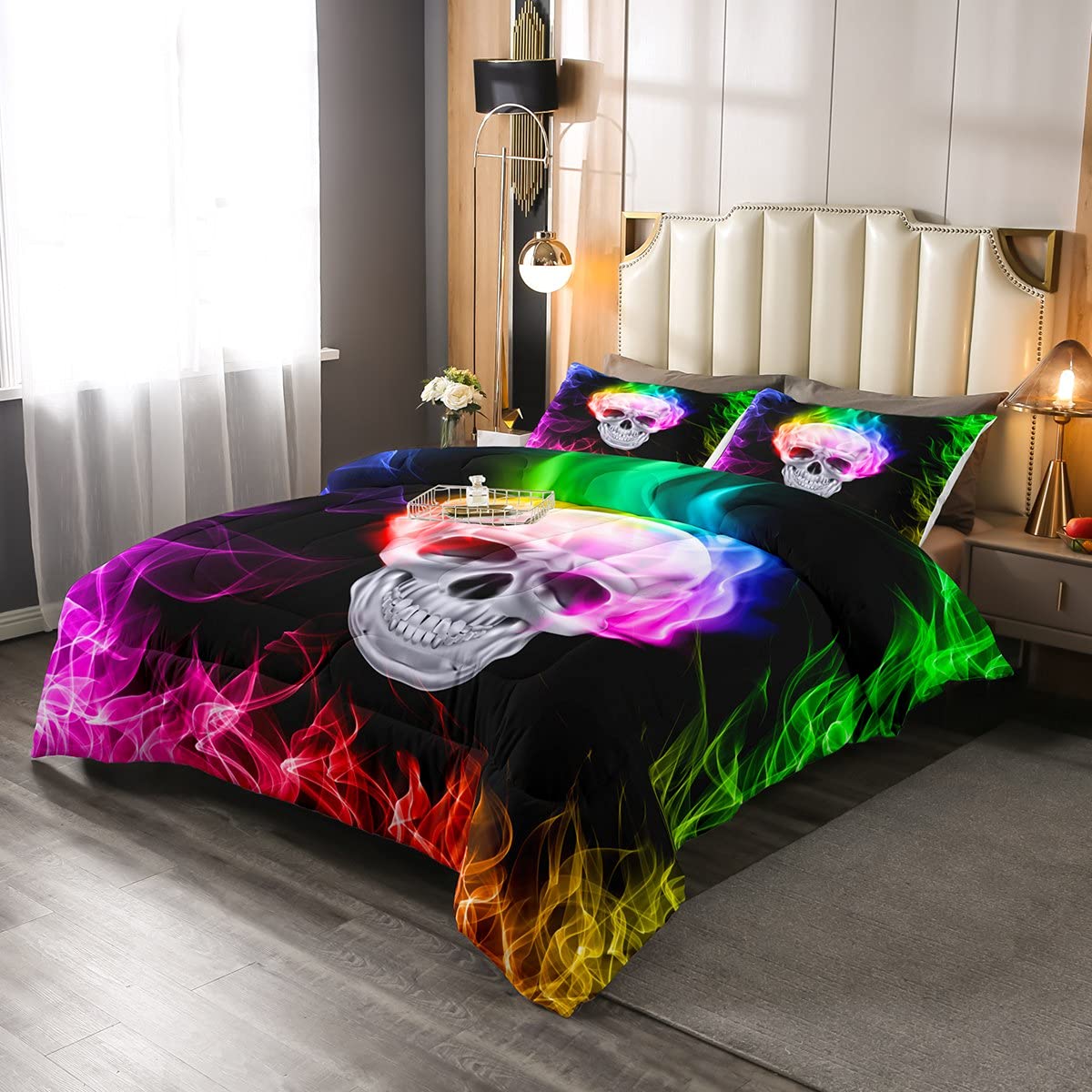 Erosebridal Skull Comforter Set - Queen Size Skeleton Bones Bedding with Gold Flame Design for Halloween, Gothic Bedroom Decor | Soft & Warm Duvet Cover for Kids, Teens & Adults | Perfect for Spooky Themed Rooms, Horror Parties & Cozy Nights