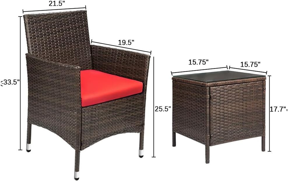 Devoko 3-Piece PE Rattan Wicker Patio Furniture Set - Outdoor Garden Chairs with Table in Brown/Red - Perfect for Porch, Backyard, Poolside & Terrace Relaxation