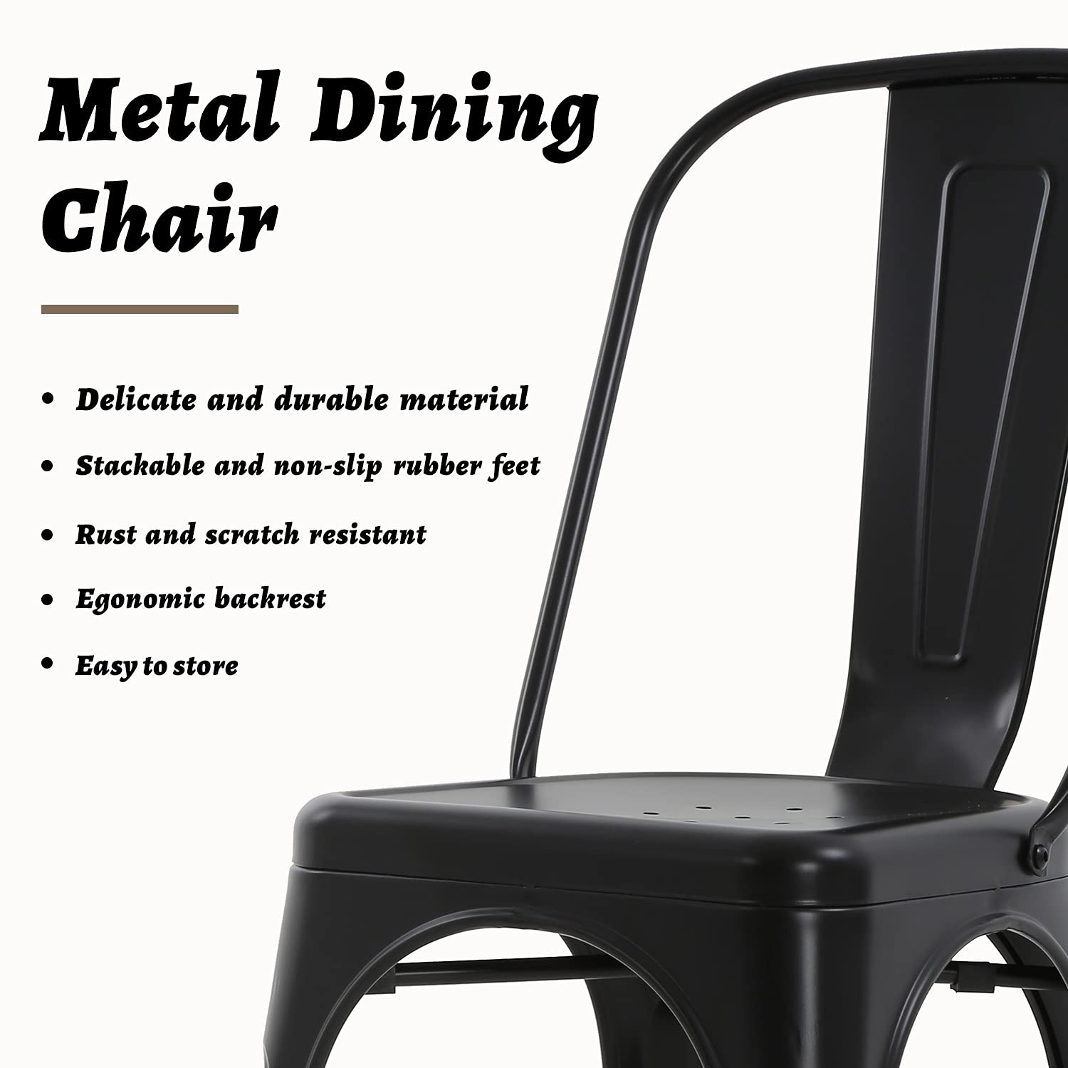 HCY 4-Pack Stackable Metal Dining Chairs - 18 Inch Height with High Backrest - Modern Kitchen, Patio, Restaurant Chairs for Indoor & Outdoor Use - Perfect for Home, Cafe, and Commercial Spaces (Black)