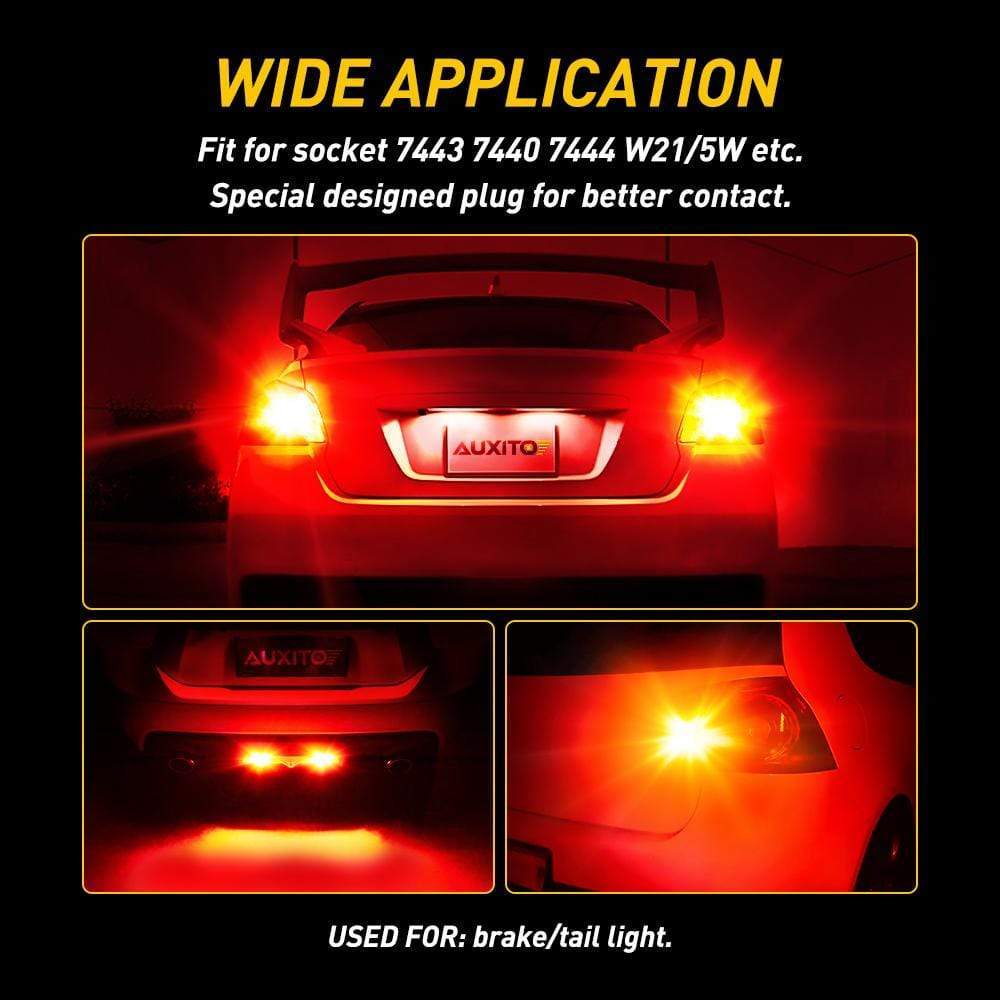 AUXITO Upgraded 7440 7443 LED Bulb - Super Bright Red Strobe Tail Brake Lights with Projector & Warning Flashing Function | Perfect for Emergency Vehicles, Off-Road Trucks & Motorcycle Safety Lighting