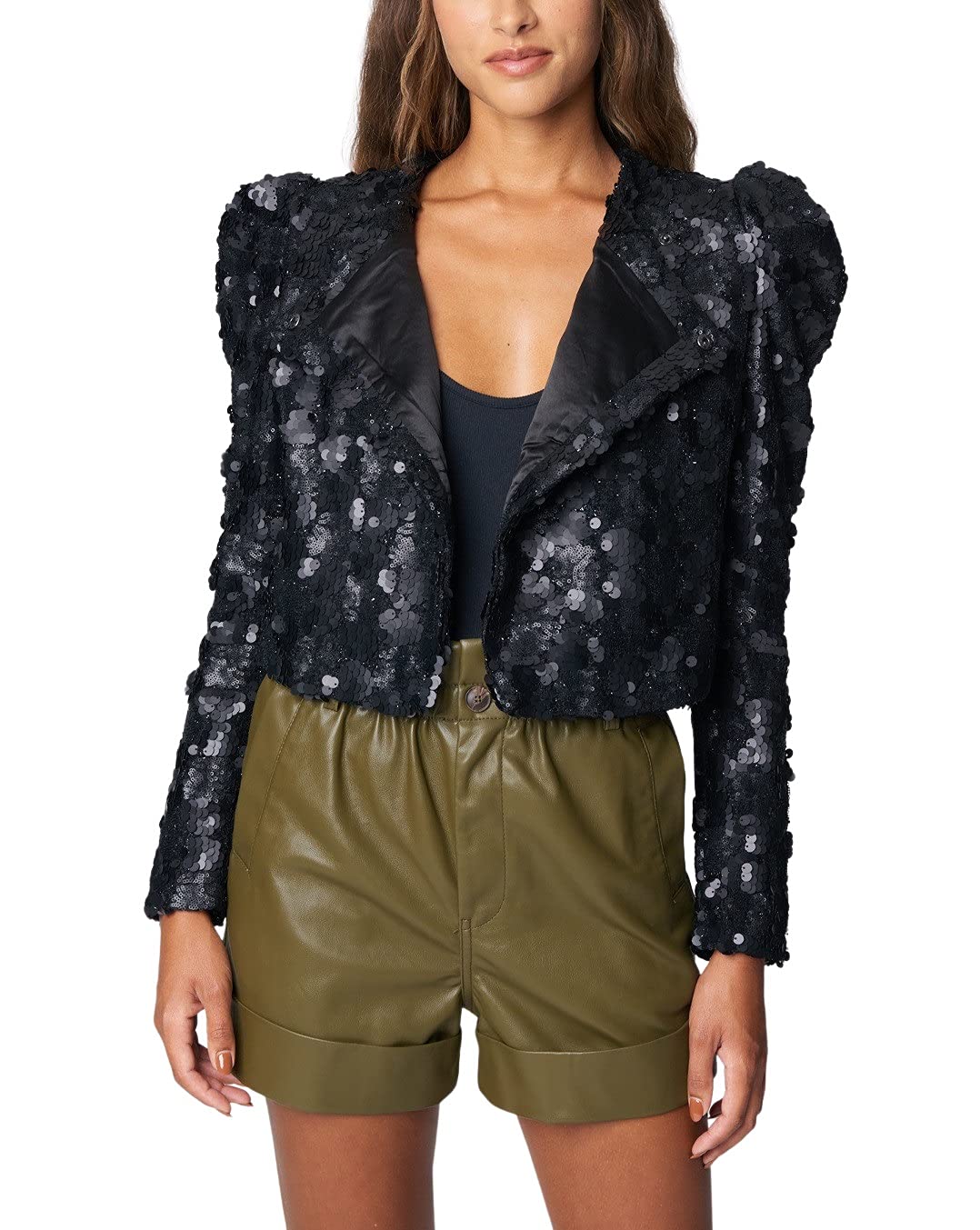 BLANKNYC Women's Sequined Puff Sleeve Cropped Open Blazer Jacket - Stylish Comfortable Lightweight Coat for Work, Parties & Night Out