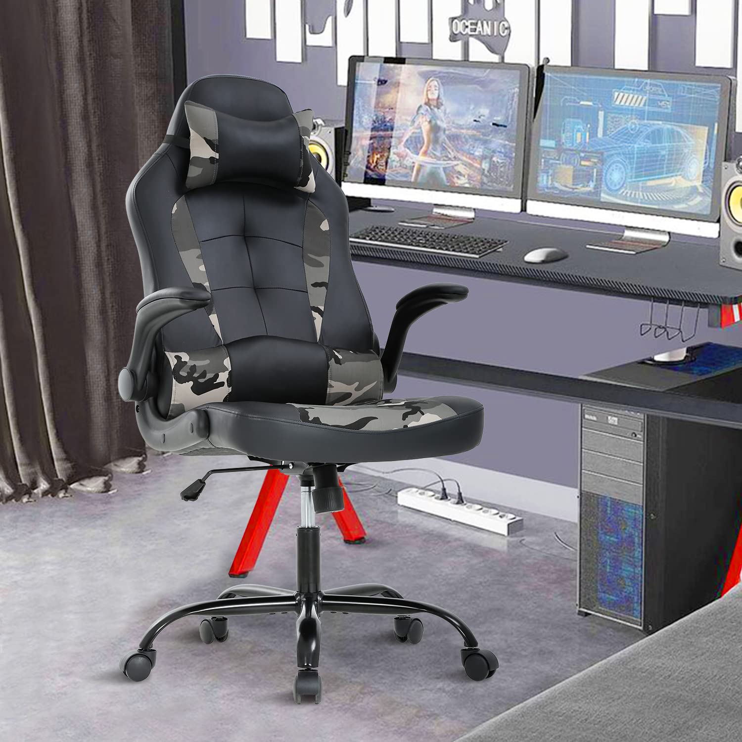 Ergonomic High Back Office & Gaming Chair with Adjustable Lumbar Support & Headrest - PU Leather Executive Swivel Task Chair for Home Office, PC Gaming, and Work - Perfect for Long Hours of Comfort (Camo Design)