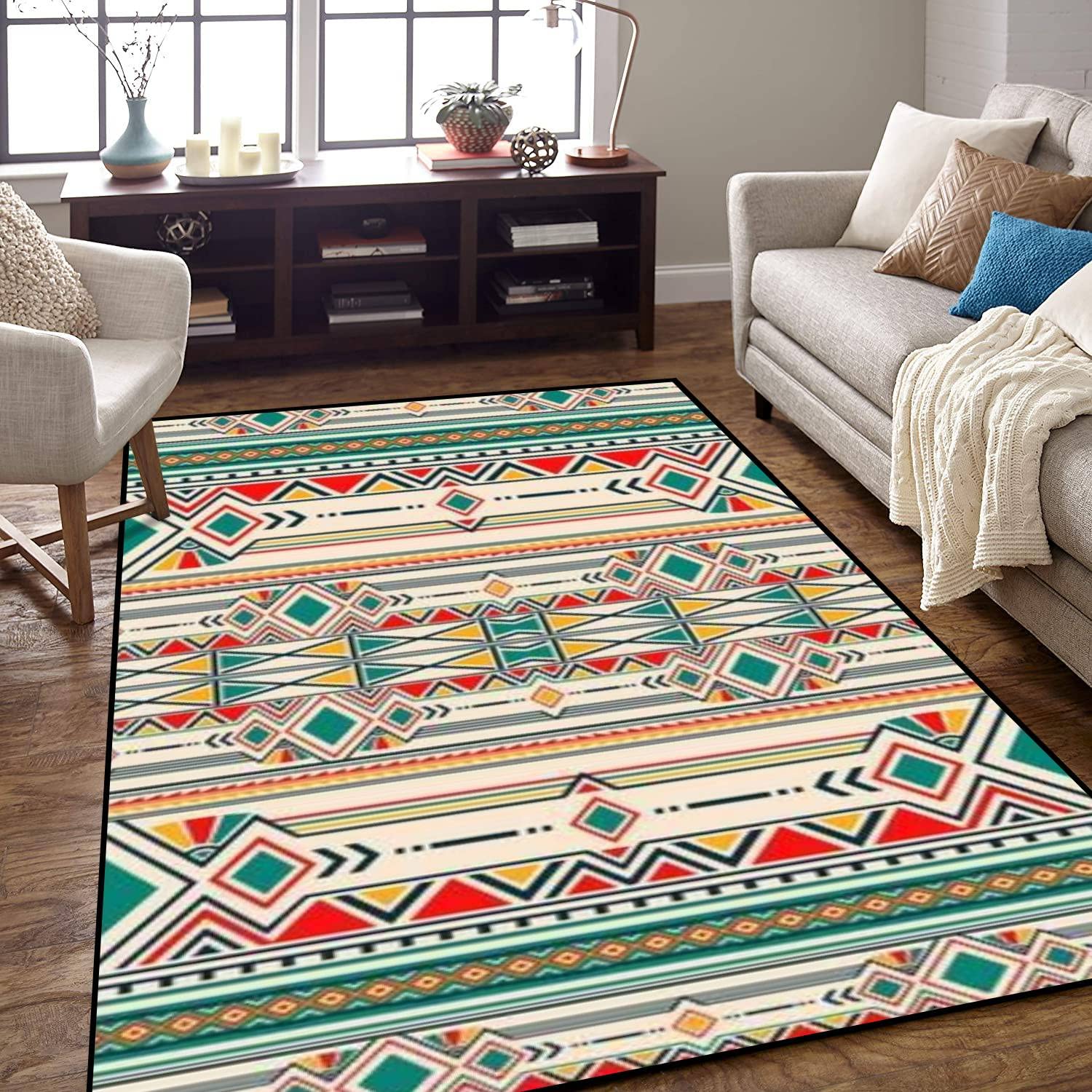 Non-Slip Area Rug - Ikat Geometric Bohemian Floor Mat for Living Room, Bedroom, Kids Room | Indoor/Outdoor Home Decor Carpet Runner | Perfect for Yoga, Patio & Entryway Doormat
