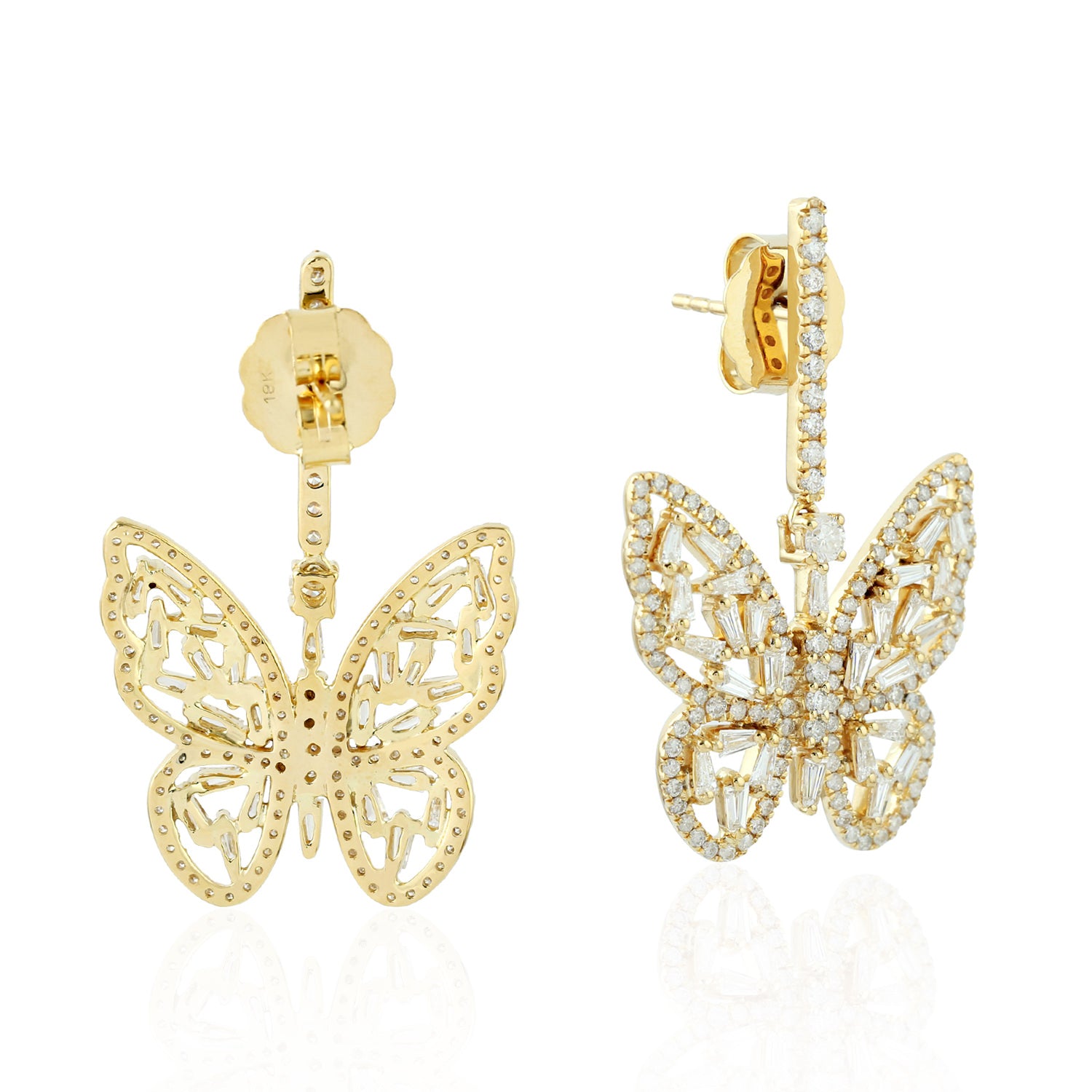 18K Yellow Gold Baguette Cut Diamond Butterfly Cluster Earrings for Women | Elegant Dangle Earrings for Wedding, Party & Special Occasions