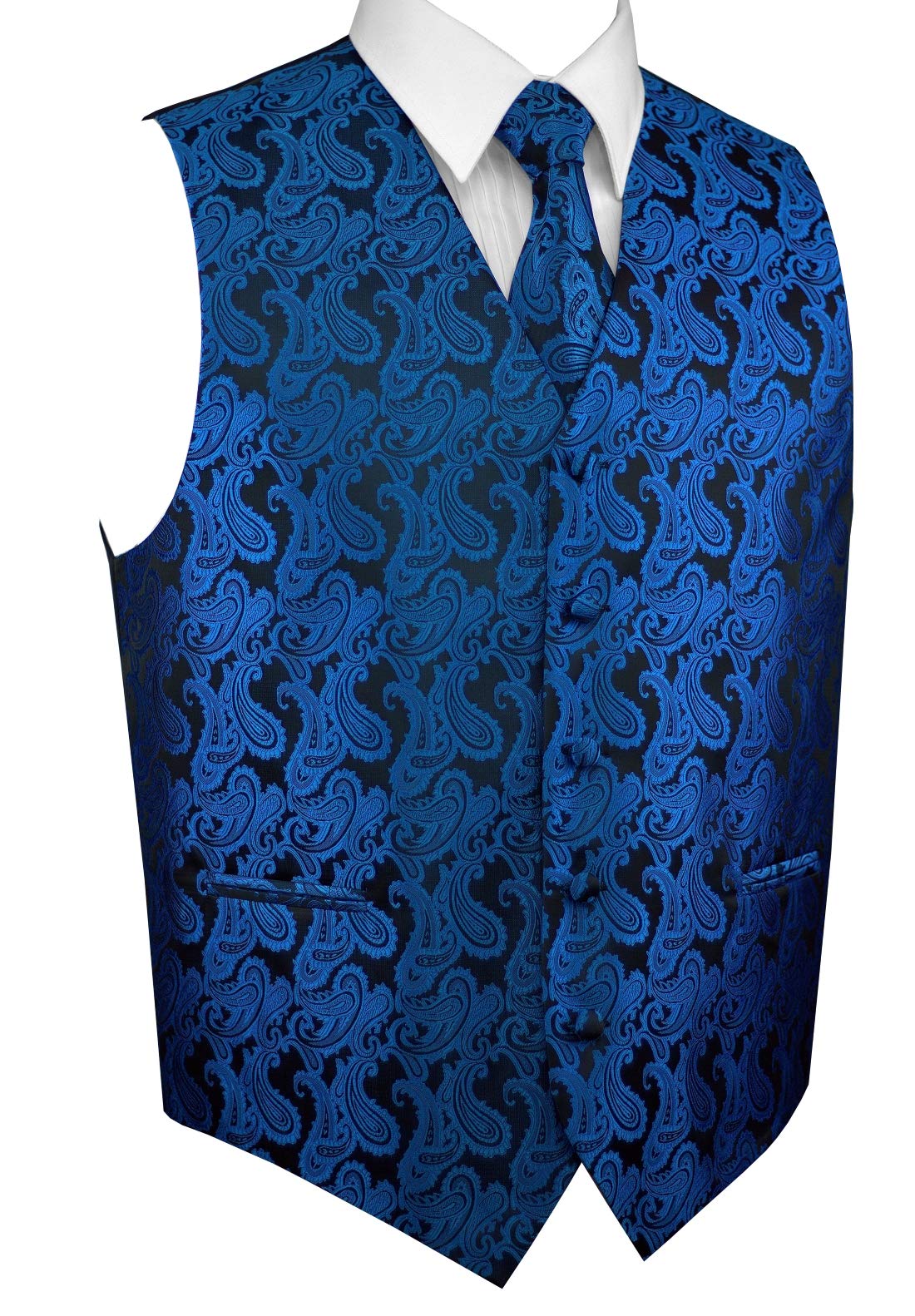 Italian Design Men's Tuxedo Vest, Tie & Pocket Square Set - Royal Blue Paisley Pattern for Weddings, Prom & Formal Events