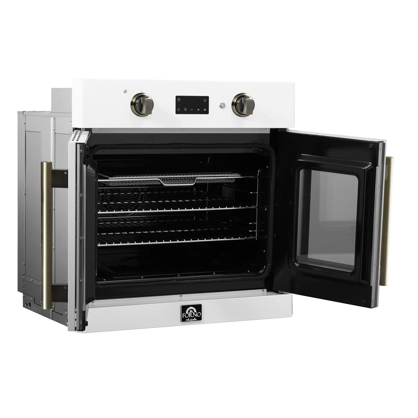 Forno Asti 30-Inch French Door Electric Wall Oven - White with Antique Brass Trim, Built-in Convection Oven, Self-Cleaning, FBOEL1333 30WHT - Perfect for Modern Kitchens & Home Baking