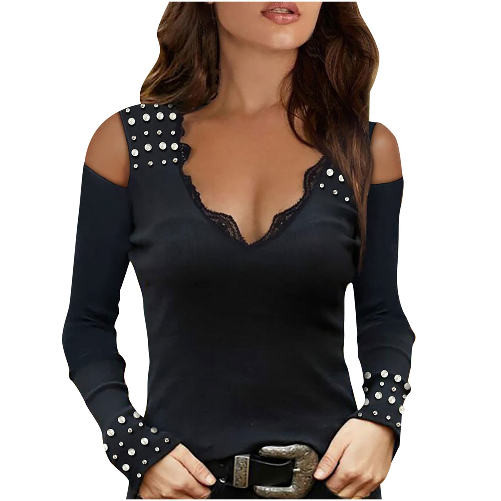 Women's Long Sleeve Lace Strapless Pullover Top - Casual V-Neck Off Shoulder Sweatshirt Blouse for Party, Date Night & Everyday Wear