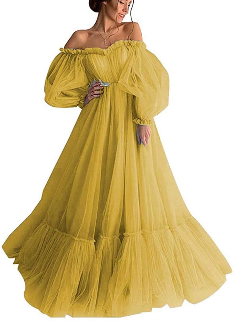 Vintage Off Shoulder Long Puffy Sleeve Ruffle Tulle Princess Prom Quinceanera Dresses for Women - Elegant Formal Gowns for Weddings, Parties & Special Occasions