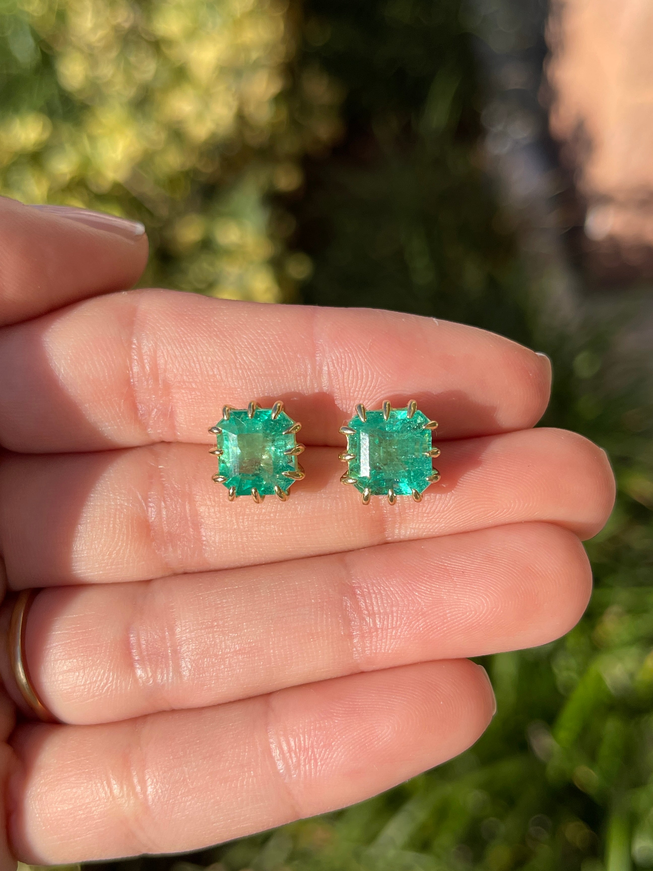8.56tcw Colombian Emerald Multi Prong 18K Gold Statement Stud Earrings - Perfect for Weddings, Parties & Special Occasions