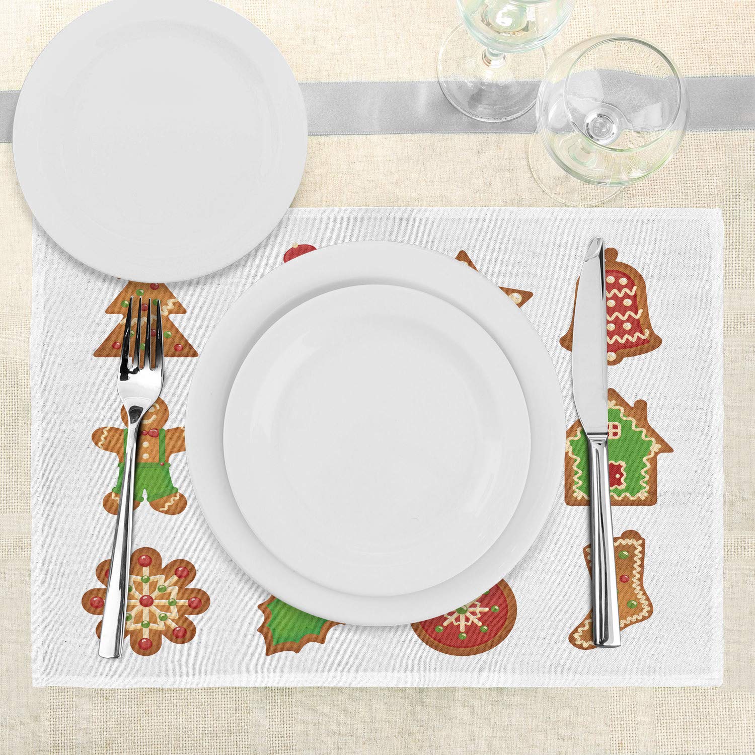 Ambesonne Gingerbread Man Place Mats Set of 4 - Festive Holiday Table Decor with Various Cookie Shapes, Washable Fabric Placemats for Dining Room & Kitchen - Perfect for Christmas Parties, Family Gatherings & Cozy Winter Meals (Pale Brown Green Red)