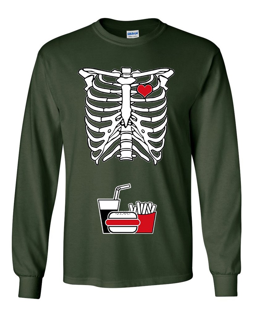 Funny Skeleton Junk Food Print Long Sleeve T-Shirt for Adults - Burger, Fries & Soft Drink Design | Casual Wear, Halloween Costume & Gift Idea