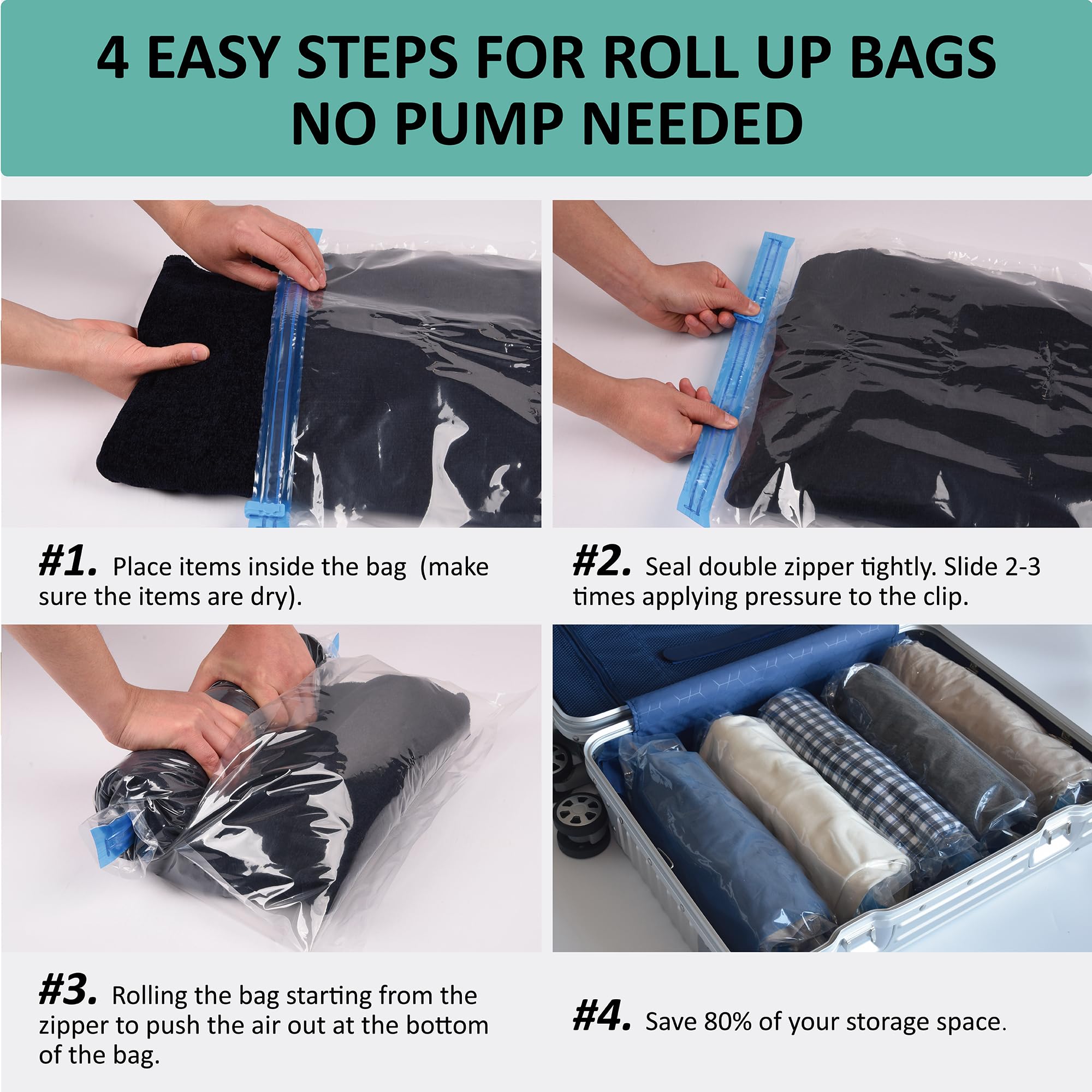 16 Pack Space Saver Compression Bags for Travel - No Vacuum Needed - Cruise Accessories & Packing Essentials | Perfect for Organizing Luggage, Clothes Storage & Maximizing Suitcase Space