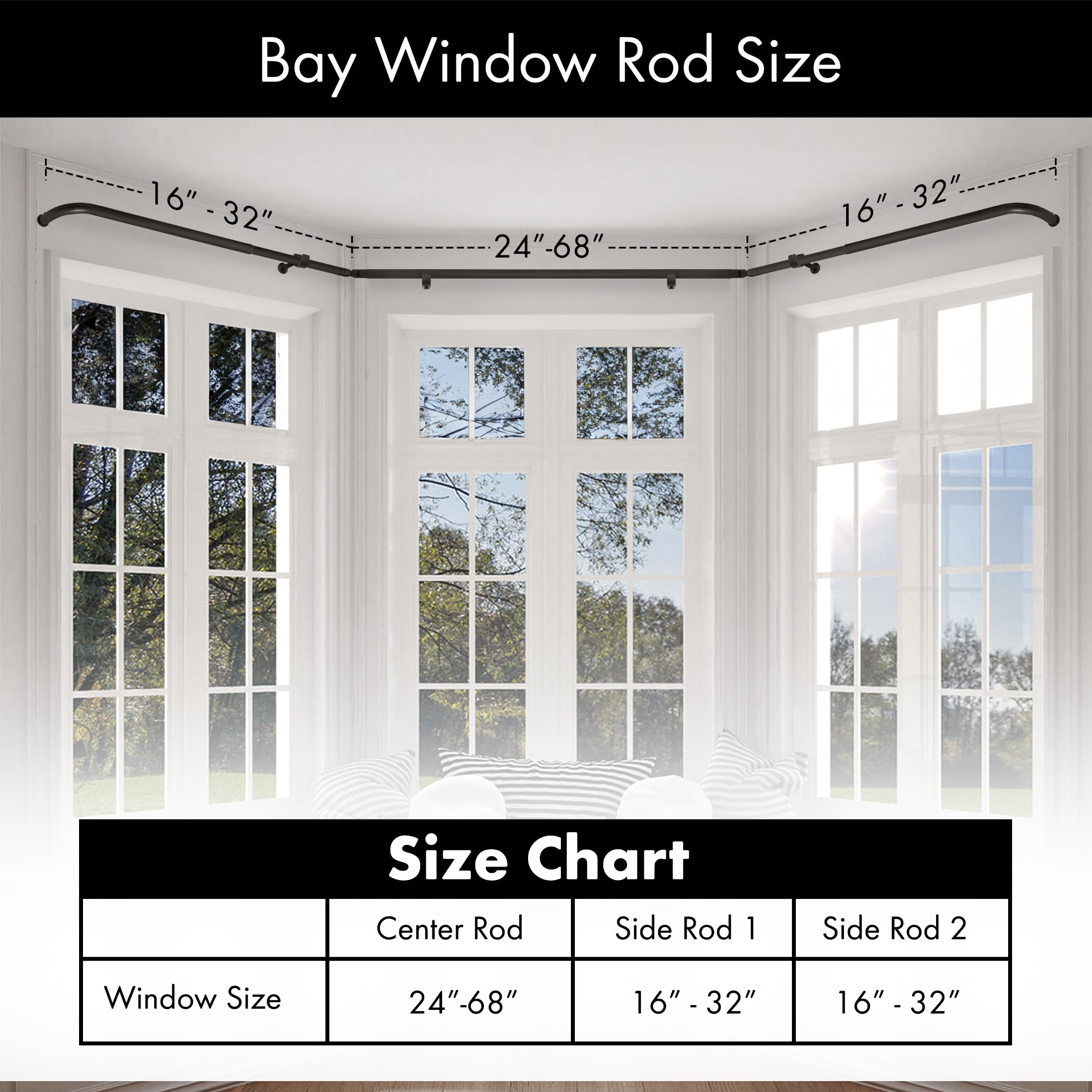 Meriville 1-Inch Diameter Bay Window Curtain Rod Set - Oil-Rubbed Bronze Finish for Bayview Windows, Perfect for Living Room, Bedroom, and Kitchen Decor