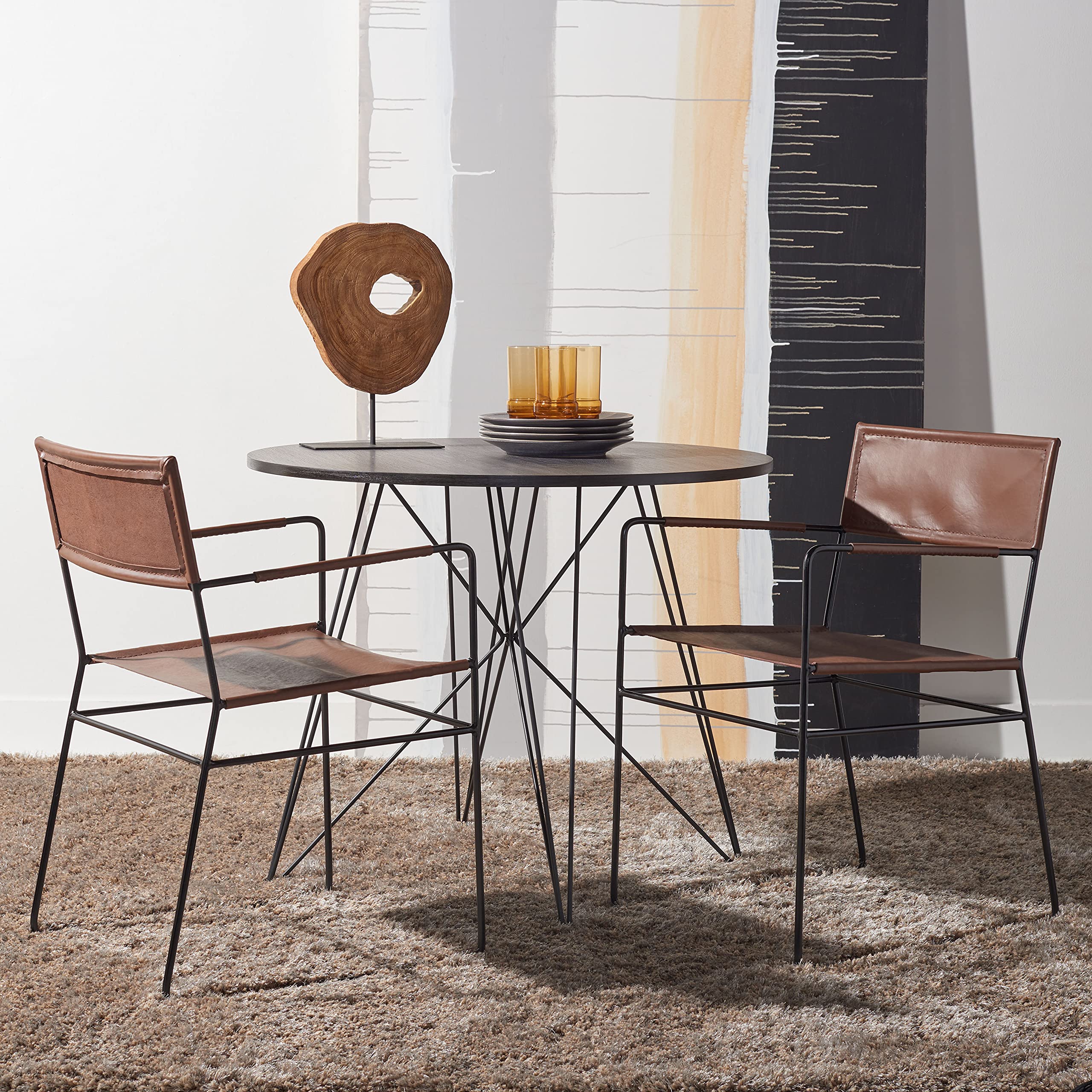 SAFAVIEH Alyx Cognac Leather & Black Dining Chairs (Set of 2) - Fully Assembled Modern Kitchen & Dining Room Furniture for Home & Restaurant Use