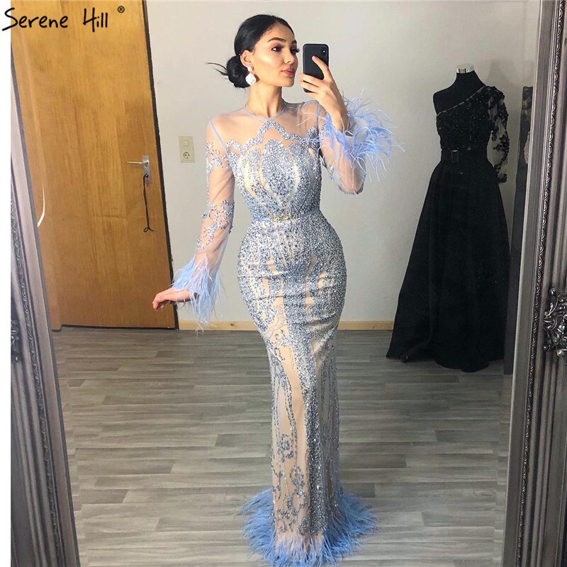 Elegant Muslim Blue Detachable Skirt Evening Dress with Feathers & Beads - Luxury Mermaid Gown for Women's Party & Special Occasions - LA60932A | Perfect for Weddings, Galas & Formal Events