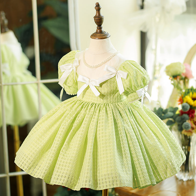 Elegant Sage Green Princess Flower Girl Dress with Puff Sleeves - Perfect for Weddings, Birthday Parties & Special Occasions